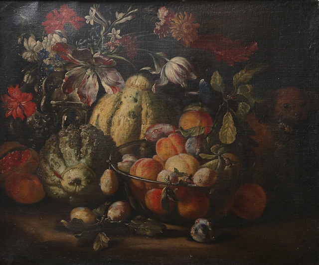 ABRAHAM BRUEGHEL. ATRIBUIDO. Vase and dog on a stone plinth.
