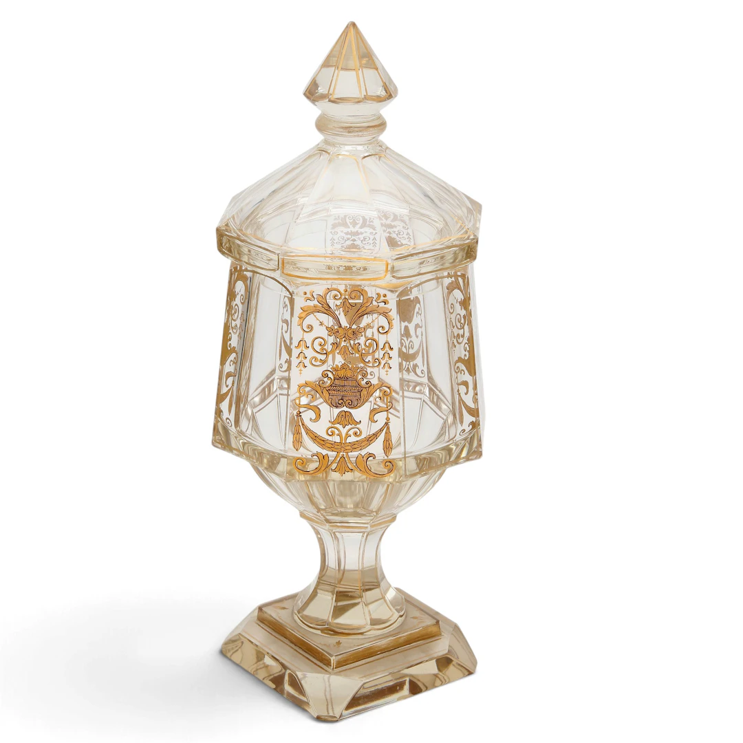 French or Bohemian ornamental goblet in cut and gilt glass, 20th Century.