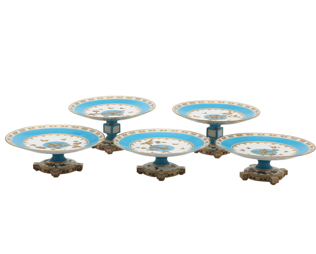 Set of five Minton “bleu céleste” porcelain salvers, late 19th Century.