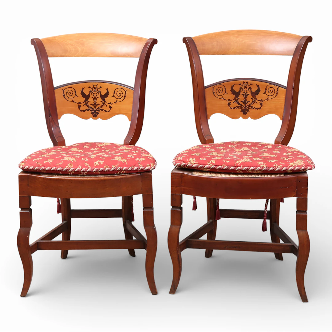 Set of six Fernandine chairs in mahogany and lemongrass with marquetry