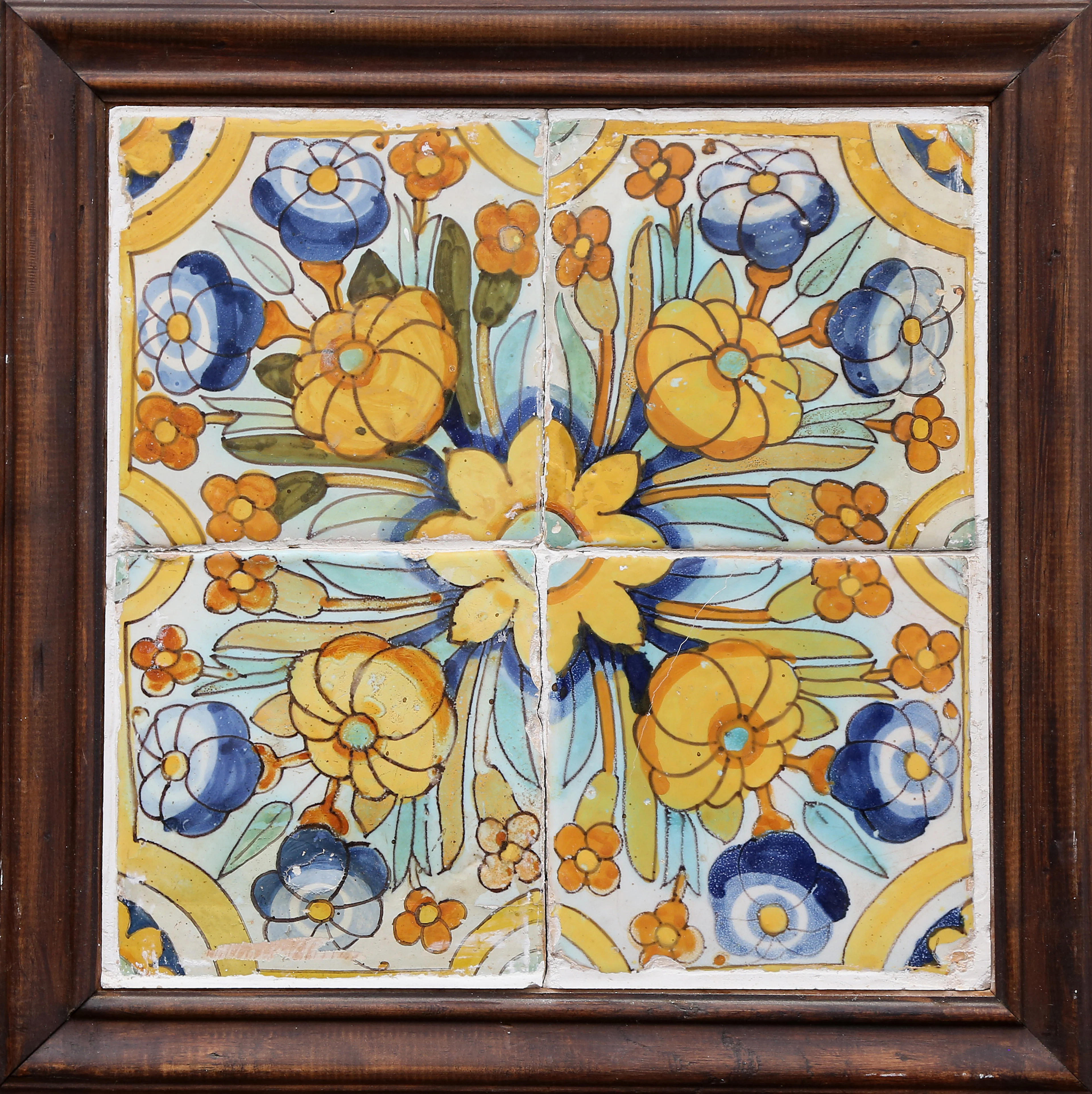 Panel of four Catalan tiles, 17th Century.