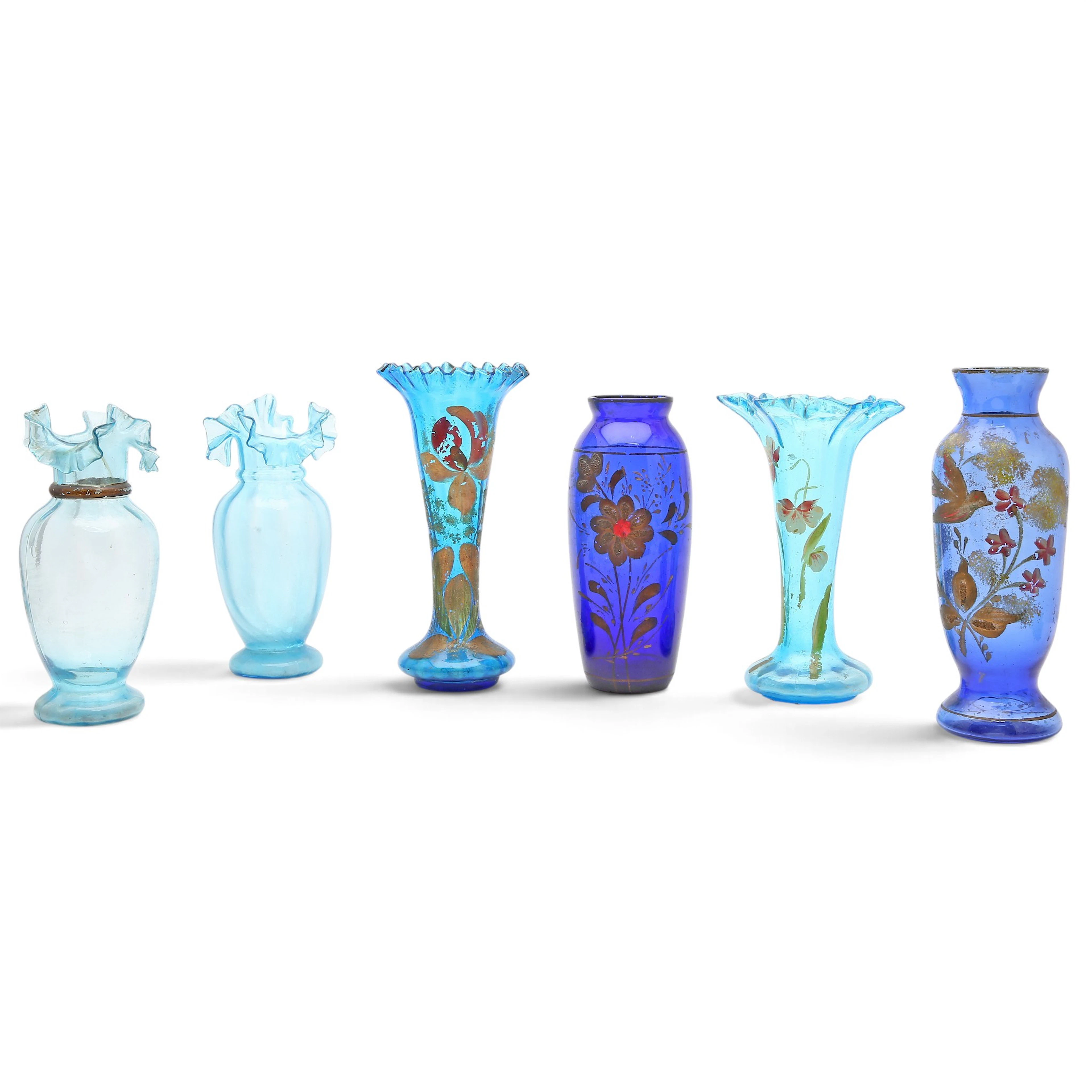 Six enamelled blue glass vases, 20th Century.