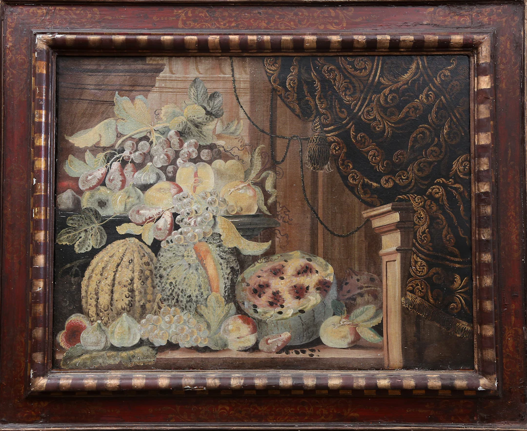 GIOVANNI BATISTA MANERIUS. SU CÍRCULO. Still life with fruit and drapery.