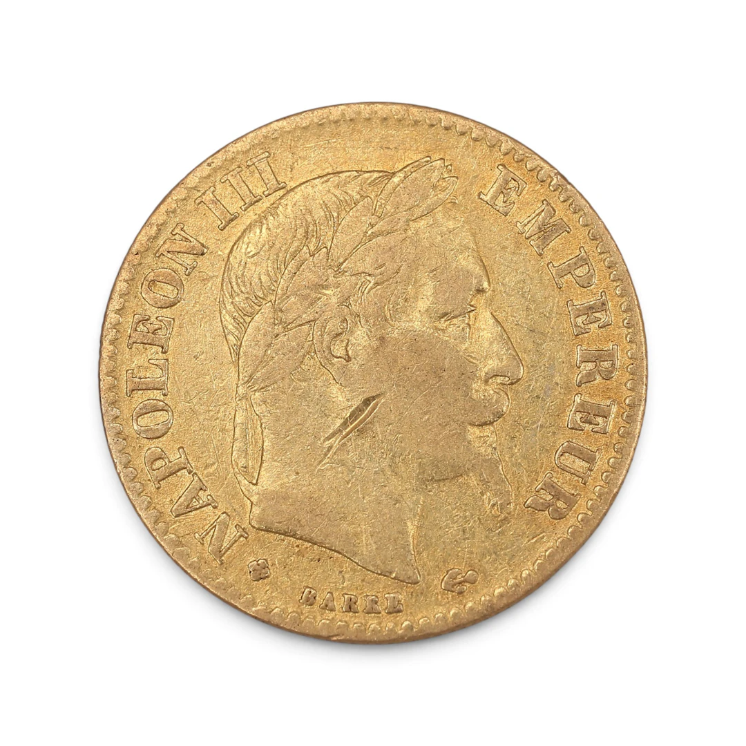 Moneda francesa en oro, de mediados del siglo XIX.