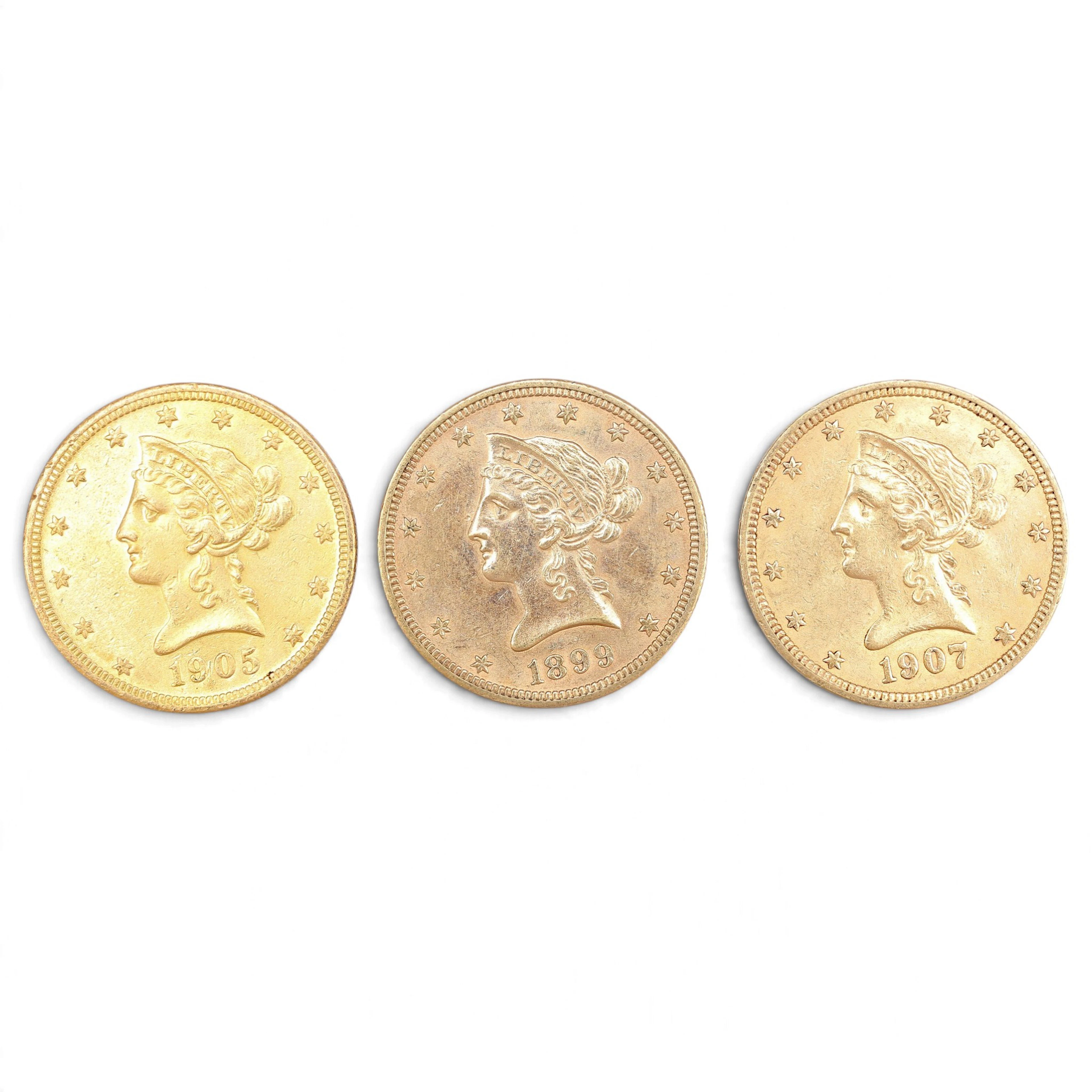 Three US gold coins, late 19th - early 20th Century.