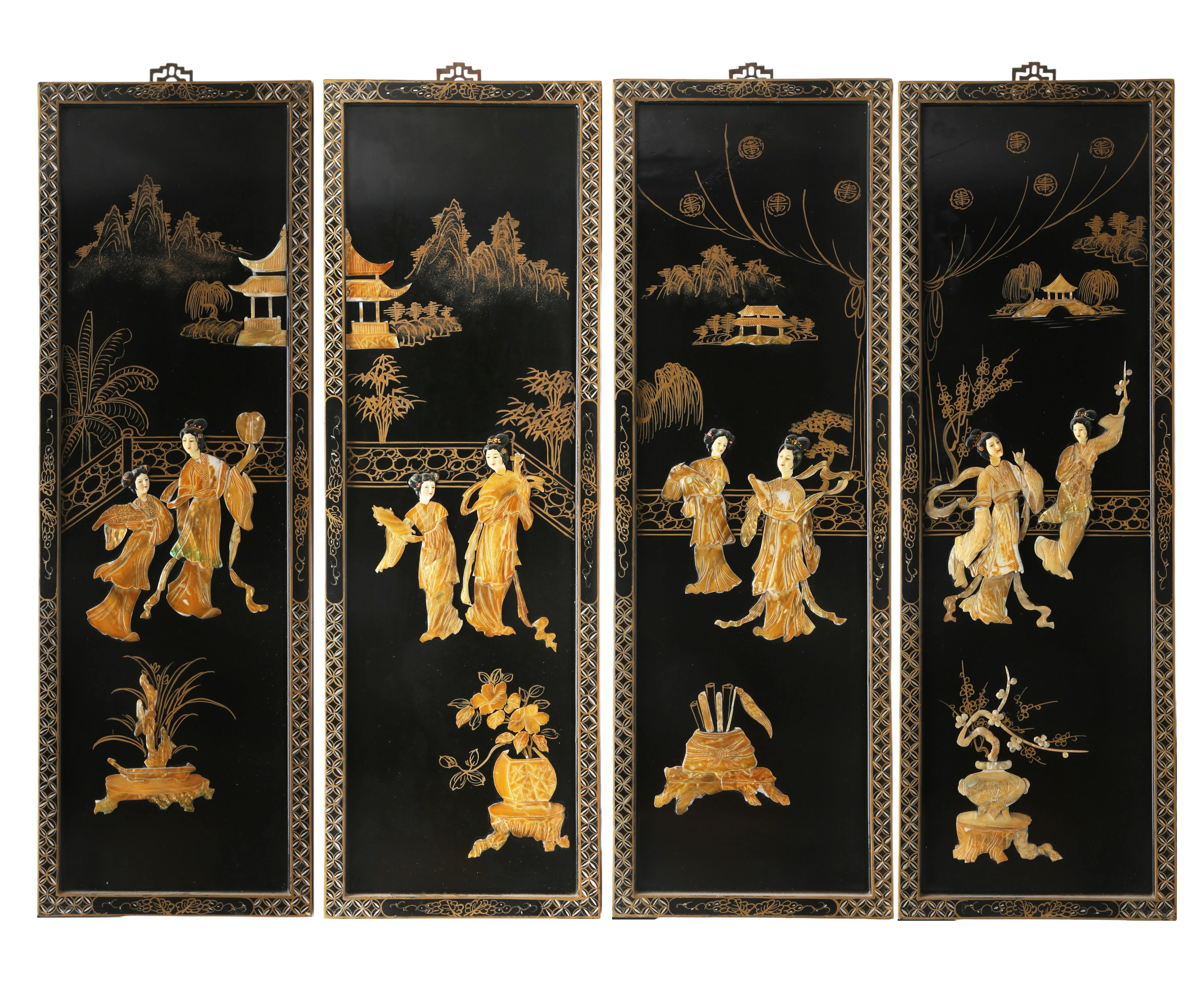 FOUR Chinese ceiling lamps in lacquered wood inlaid with hard stones
