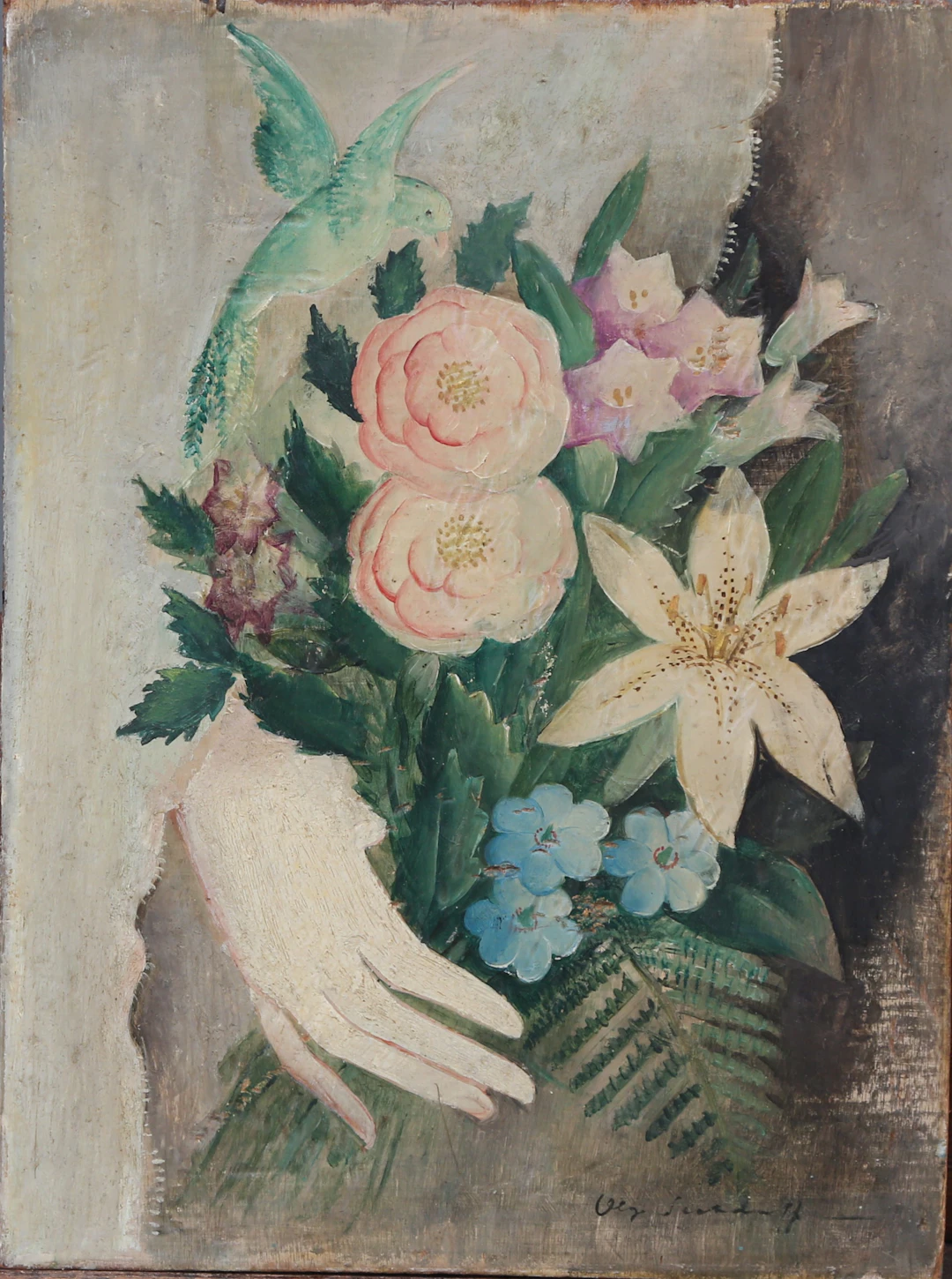 OLGA SACHAROFF. Hand holding a bouquet of flowers and a bird.