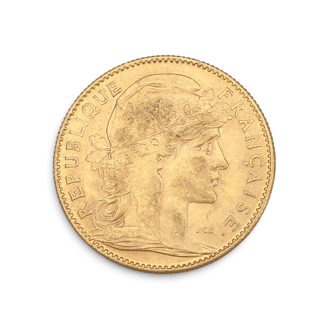 Moneda francesa en oro, de principios del siglo XX.