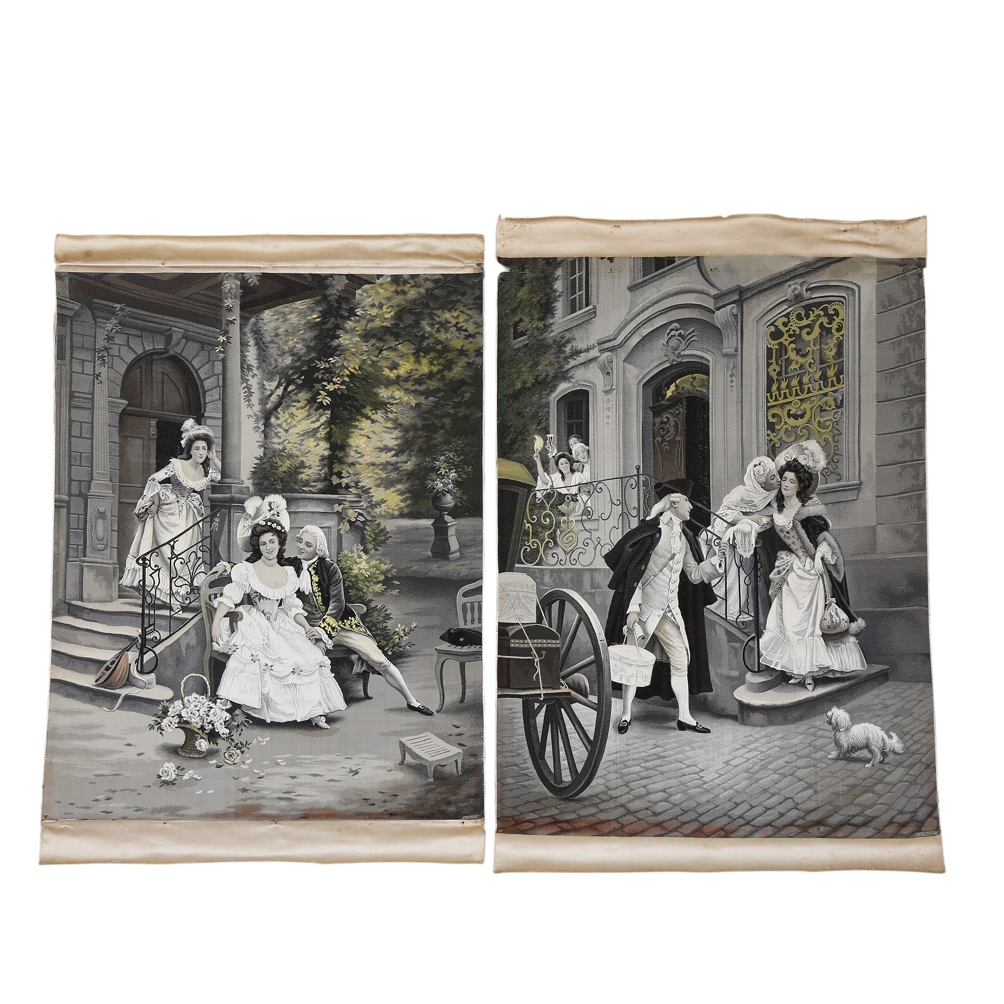 “Gallant scenes”, pair of “jacquard” silk panels, early 20th Century.