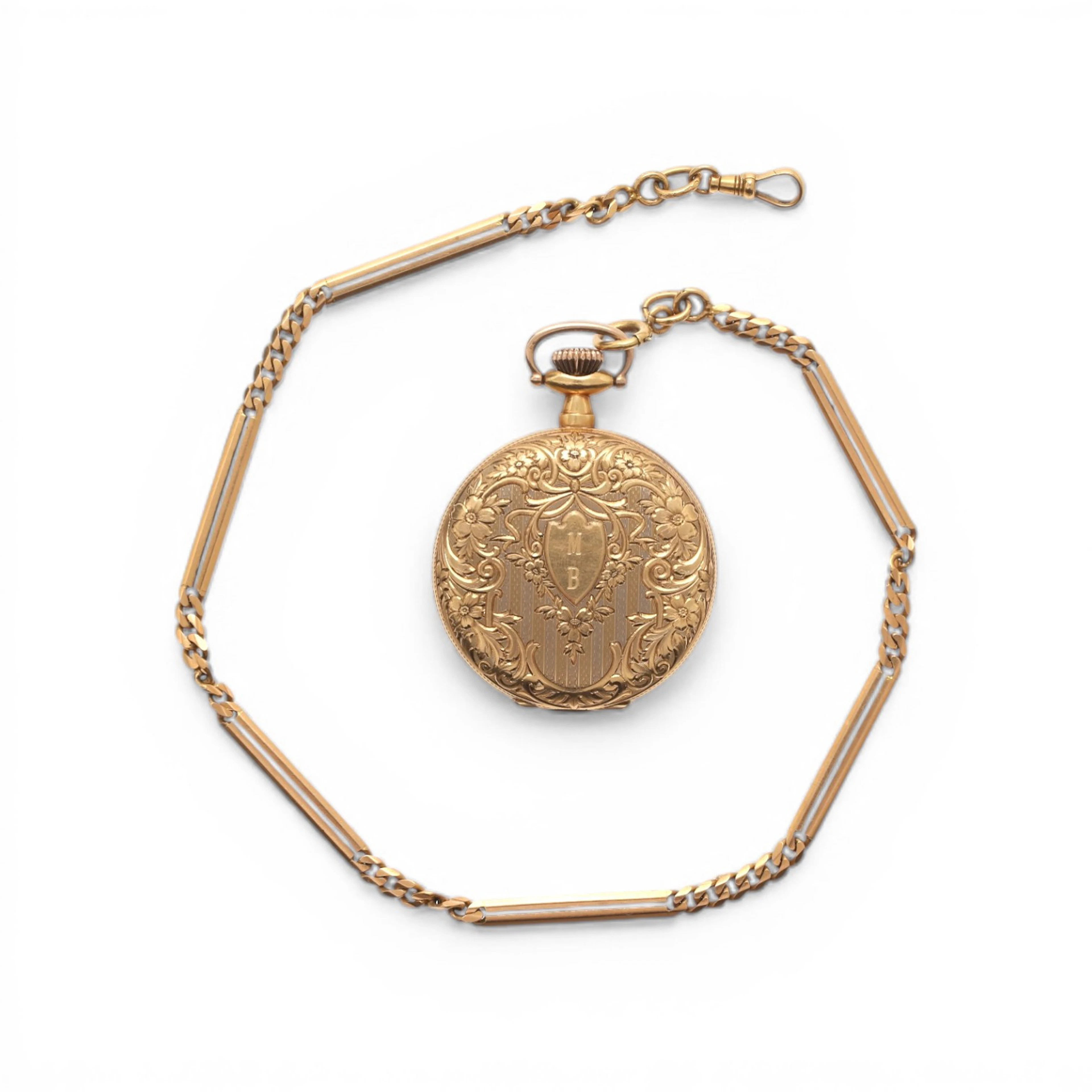 Lohengrin gold pocket watch with watch chain, early 20th Century.