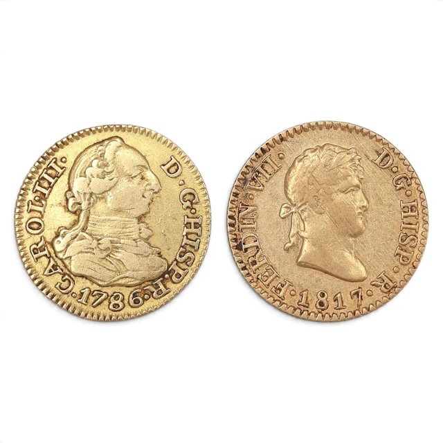 Dos monedas españolas en oro, de los siglos XVIII y XIX.
