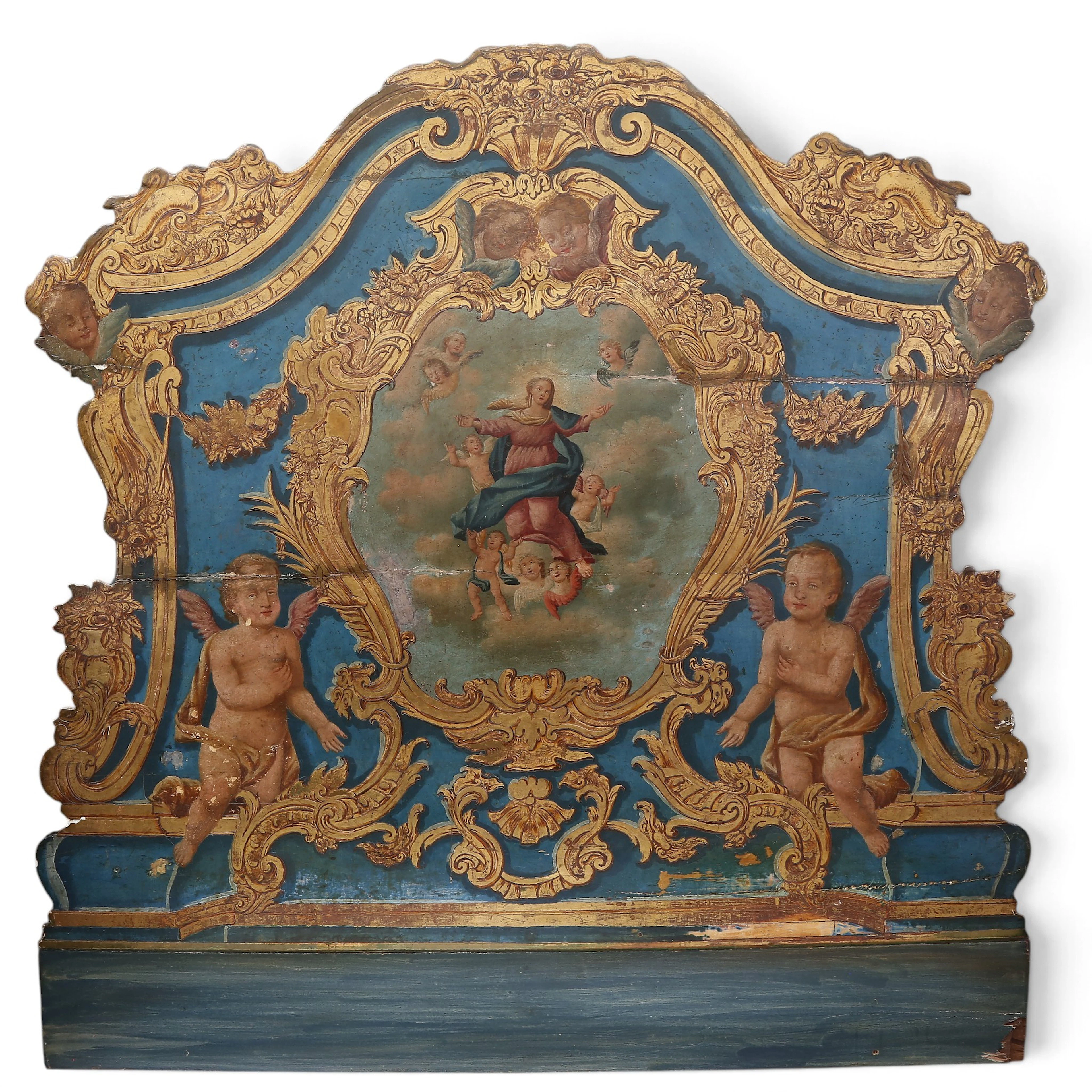 Charles III Olot-style bed headboard in polychrome and gilt wood, 18th century.