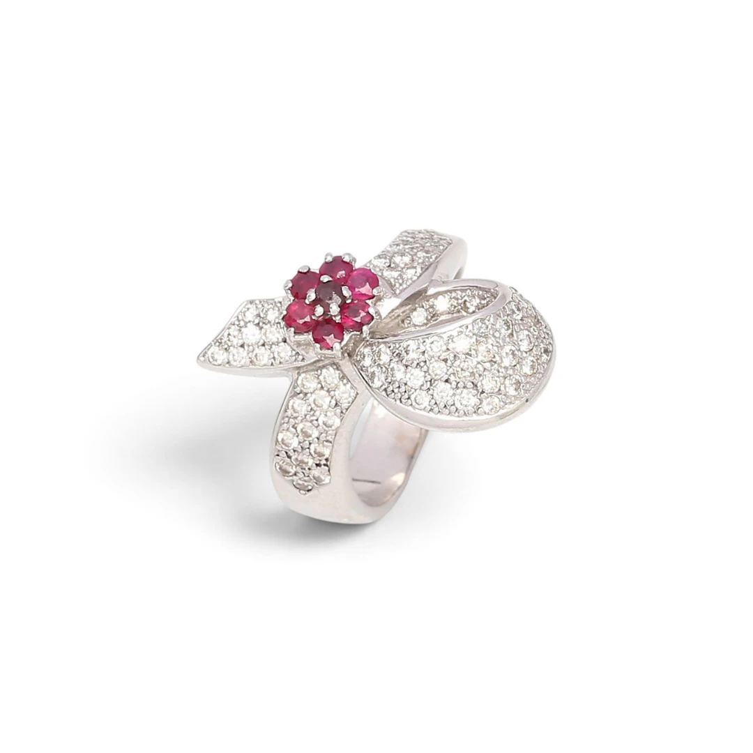 Bow-shaped diamonds and rubies ring.