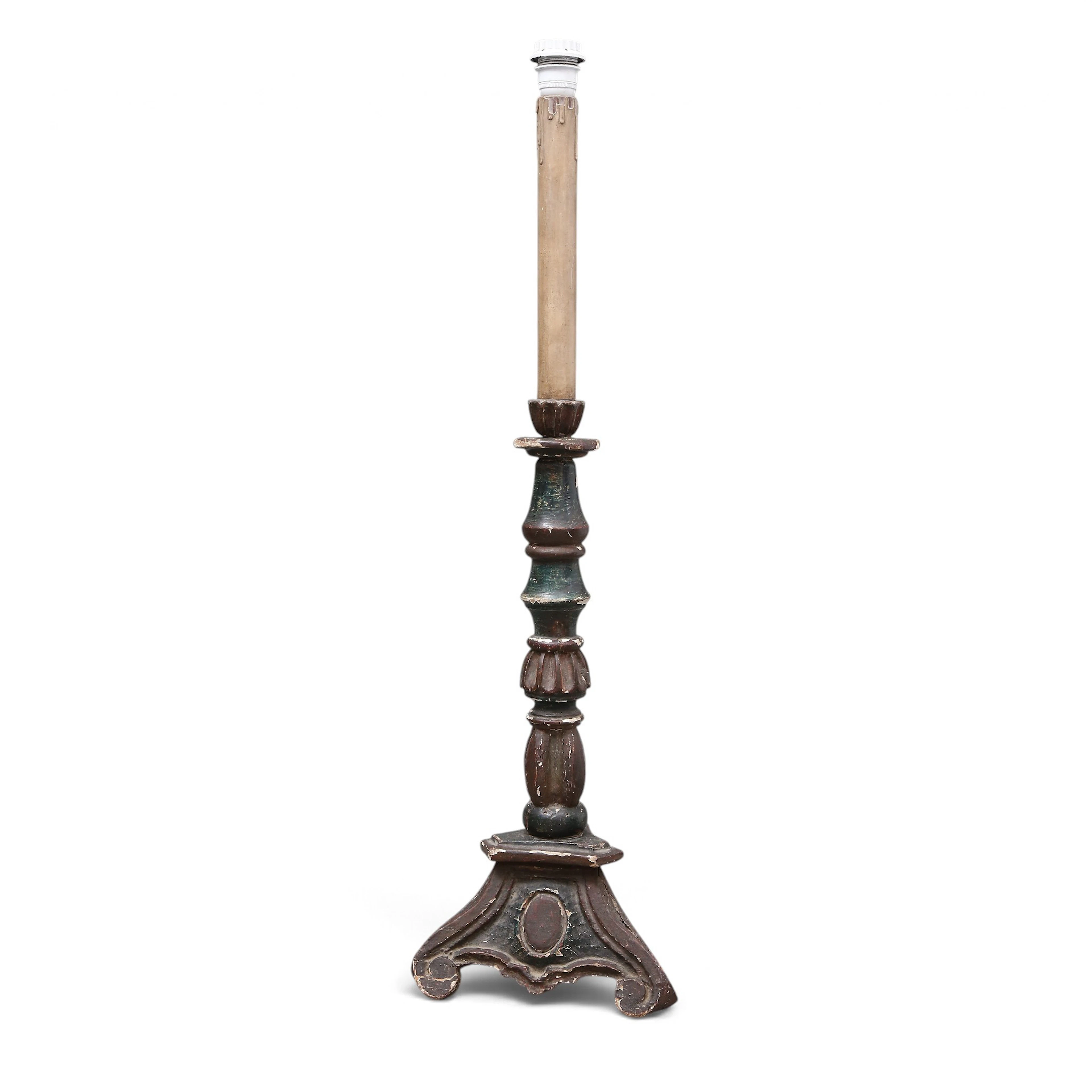 Torchère, likely Italian, in carved, polychromed and silvered wood