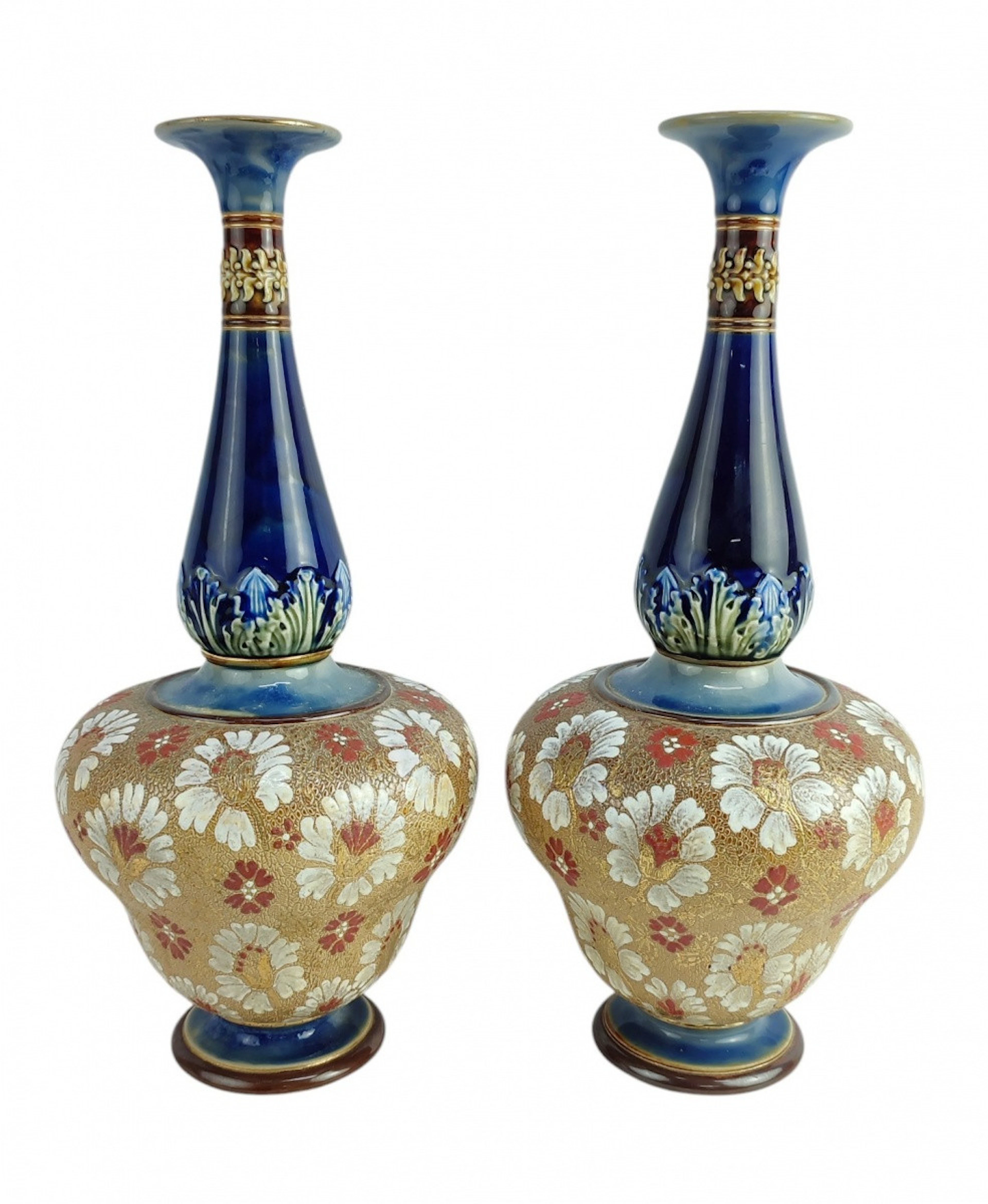Pair of English Doulton Lambeth earthenware vases, circa 1891-1901.