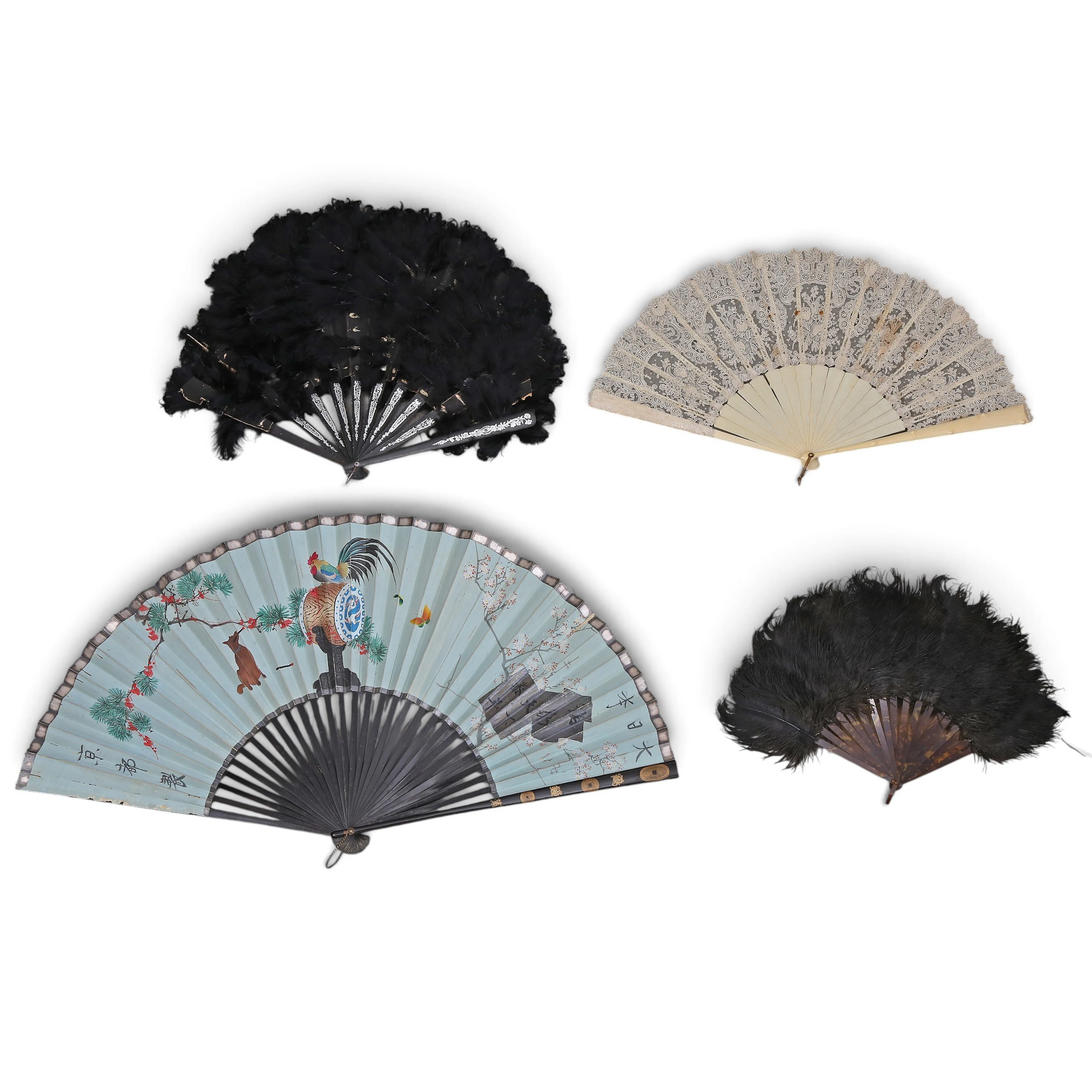 Five fans with feather, painted paper and lace leaves, 20th Century.