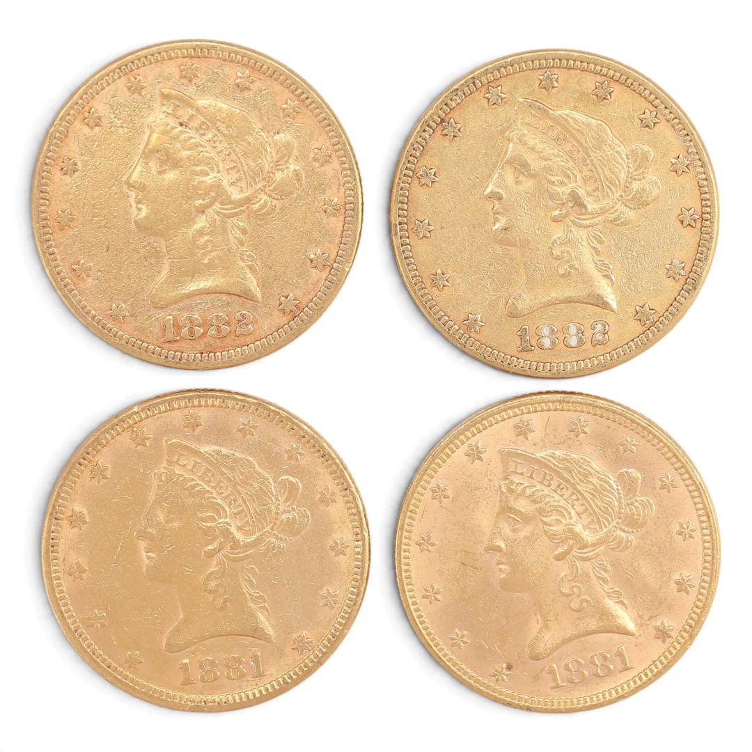 Folur US gold coins, late 19th Century.