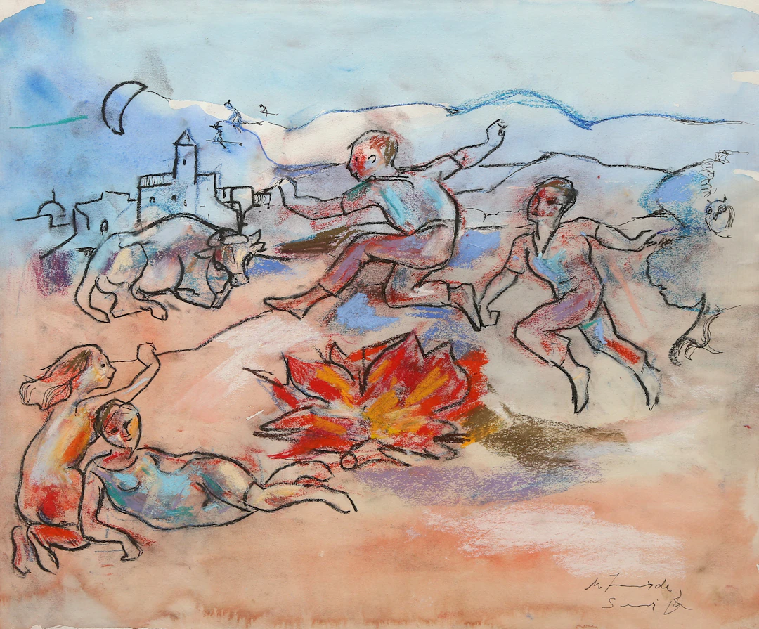 MIGUEL TORNER DE SEMIR. Beach with figures by the bonfire.