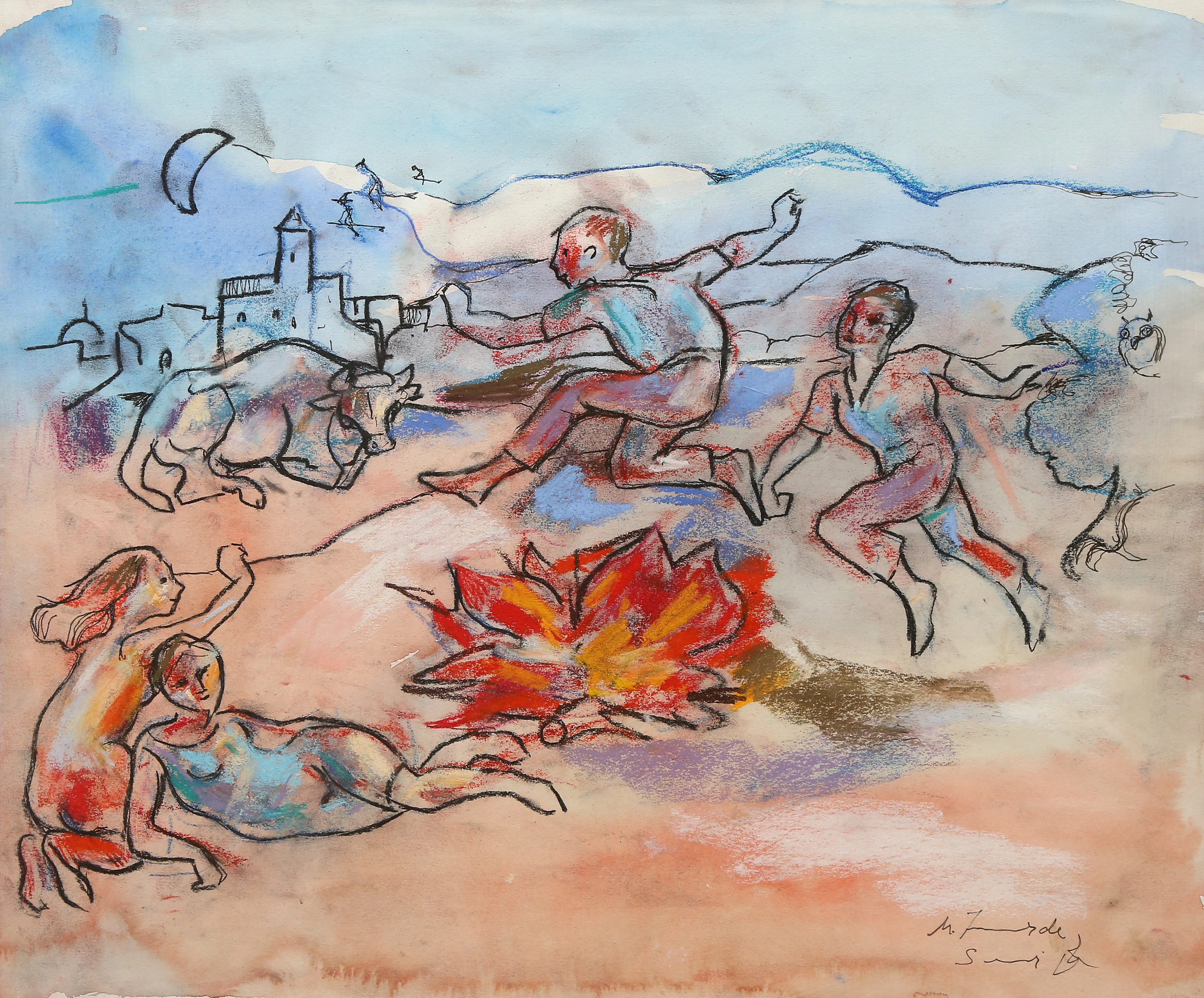 MIGUEL TORNER DE SEMIR. Beach with figures by the bonfire.