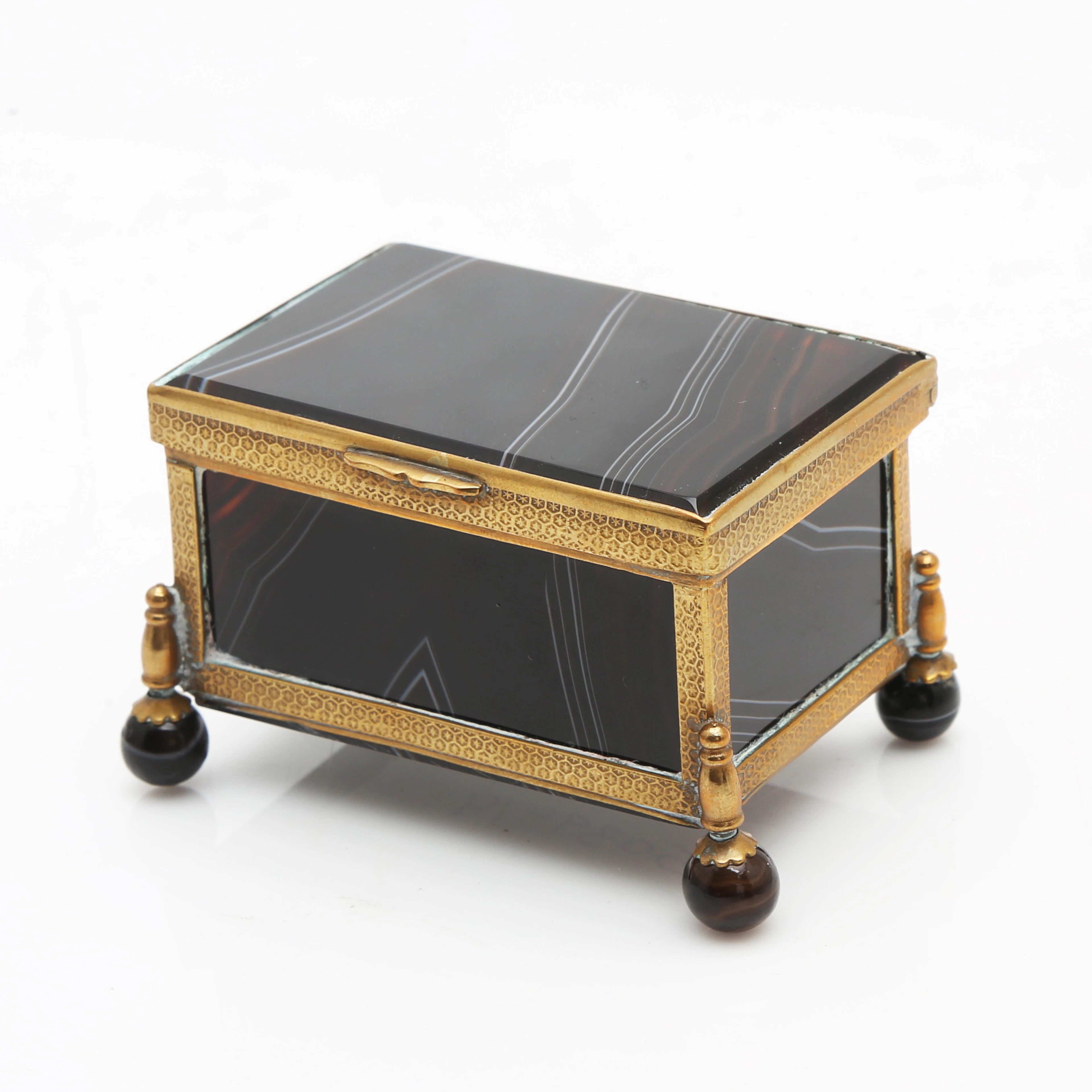 Small French agate and brass jewellery box, 19th Century.