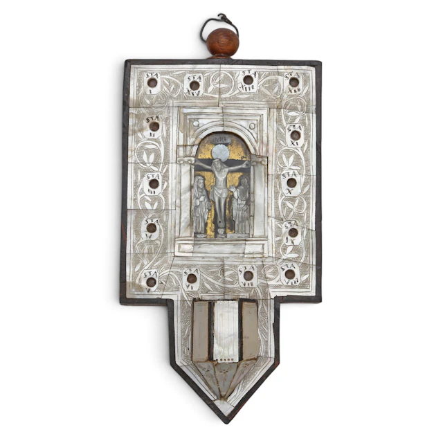 Jerusalem holy water font in wood with engraved mother-of-pearl plaques