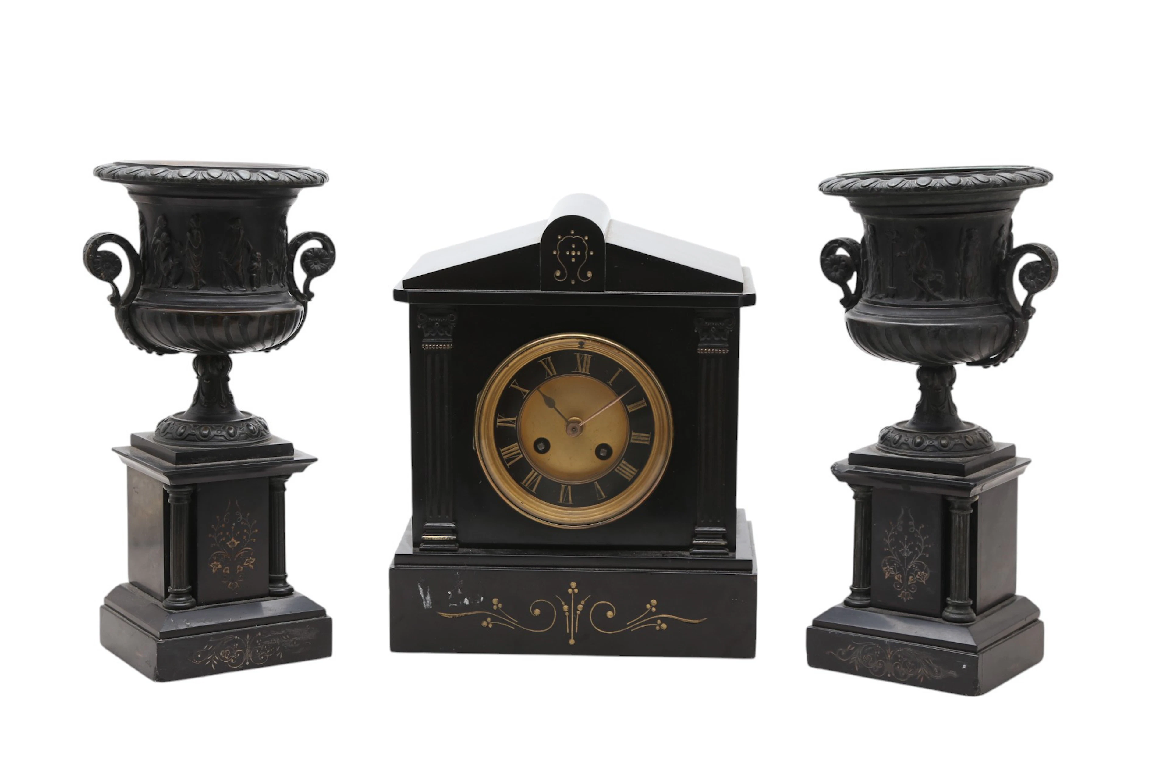 French garnish consisting of a table watch and pair of vases in black