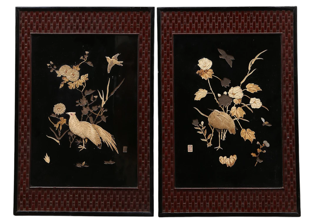 Pair of Japanese Meiji panels in lacquered and gilt wood with bone
