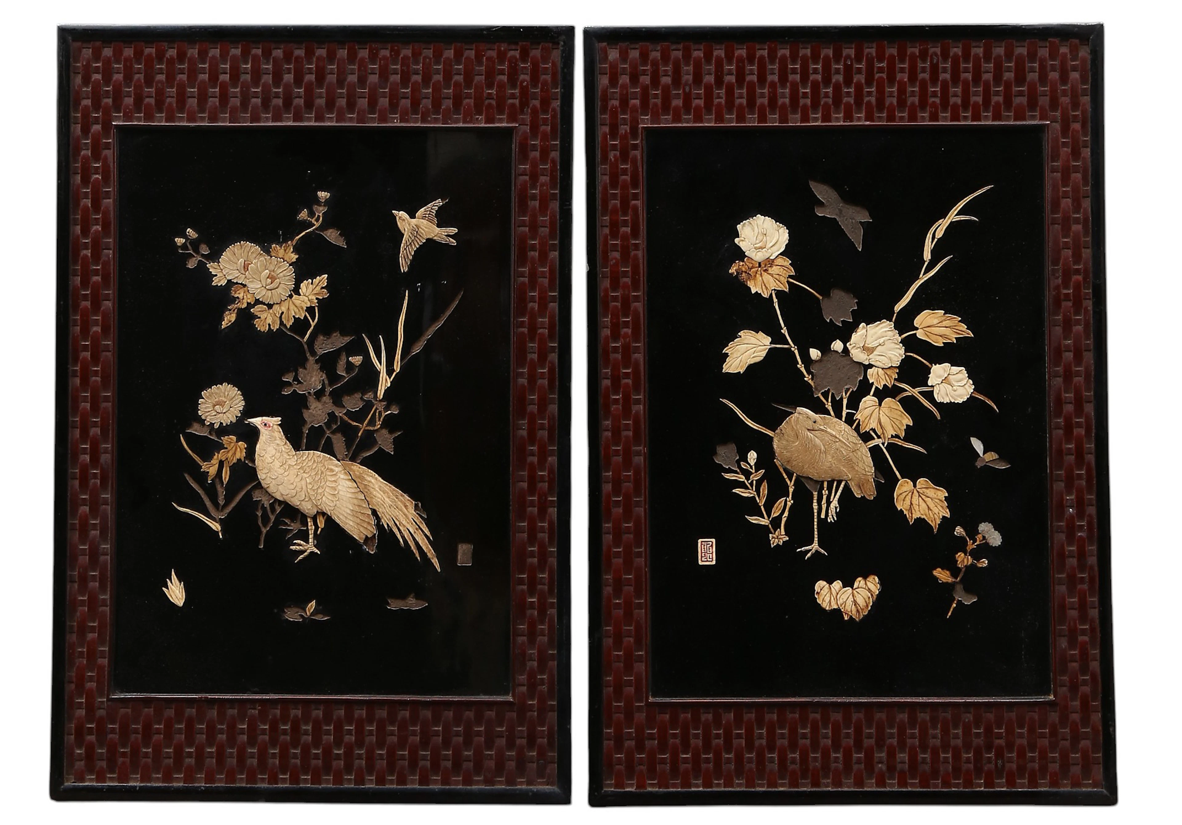 Pair of Japanese Meiji panels in lacquered and gilt wood with bone