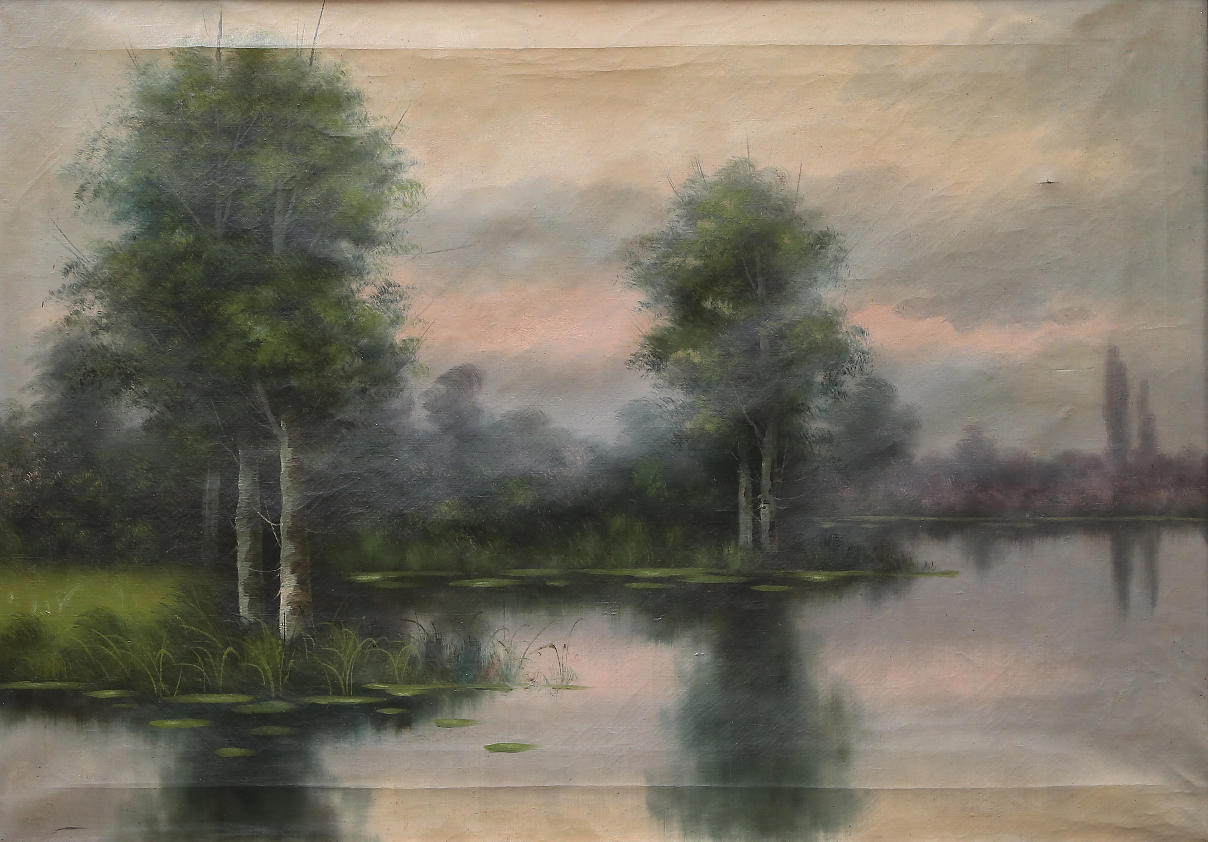 PROBABLY SPANISH SCHOOL, MID 20TH CENTURY. Lakeside landscape.