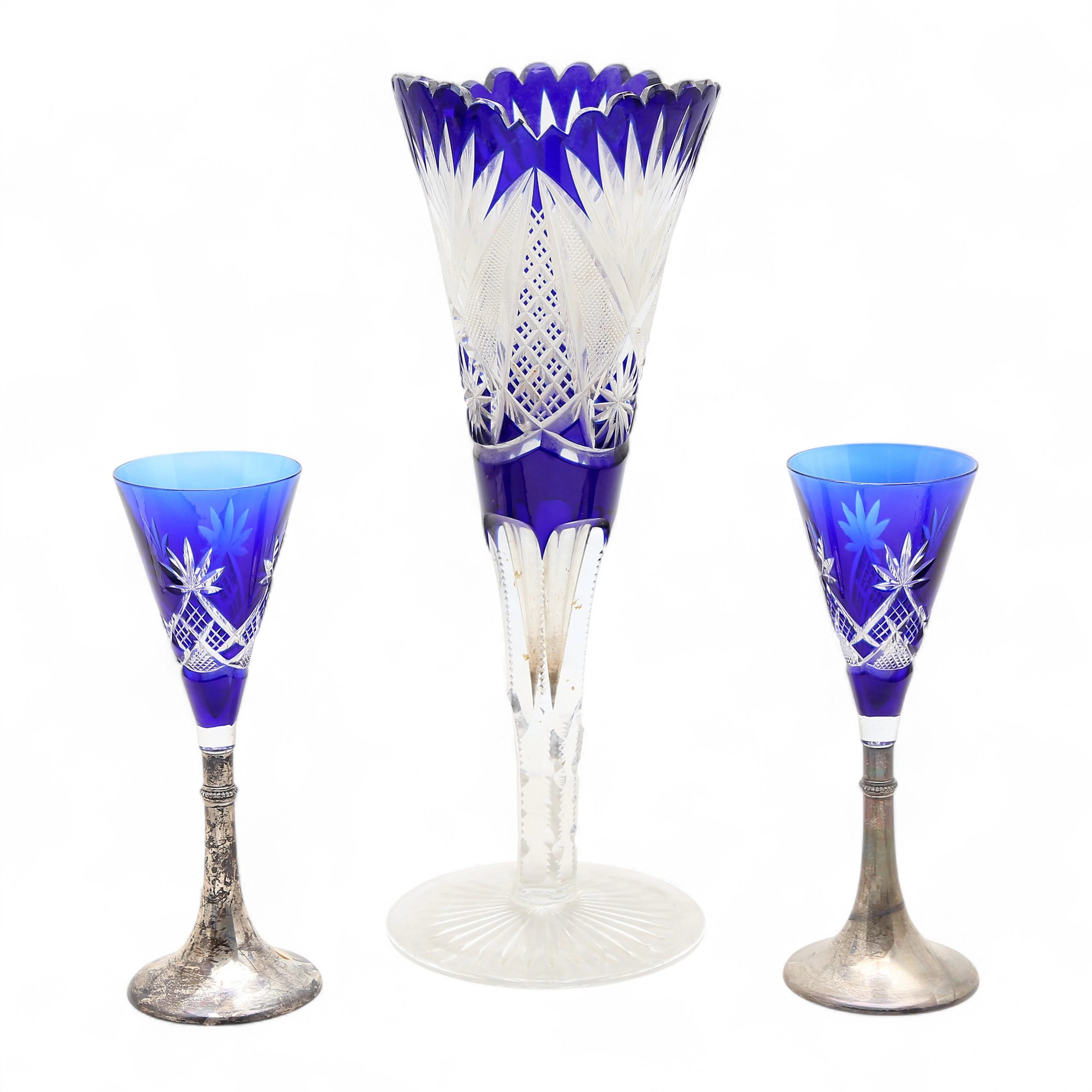 Vase and pair of goblets in cobalt blue and Bohemia glass, second