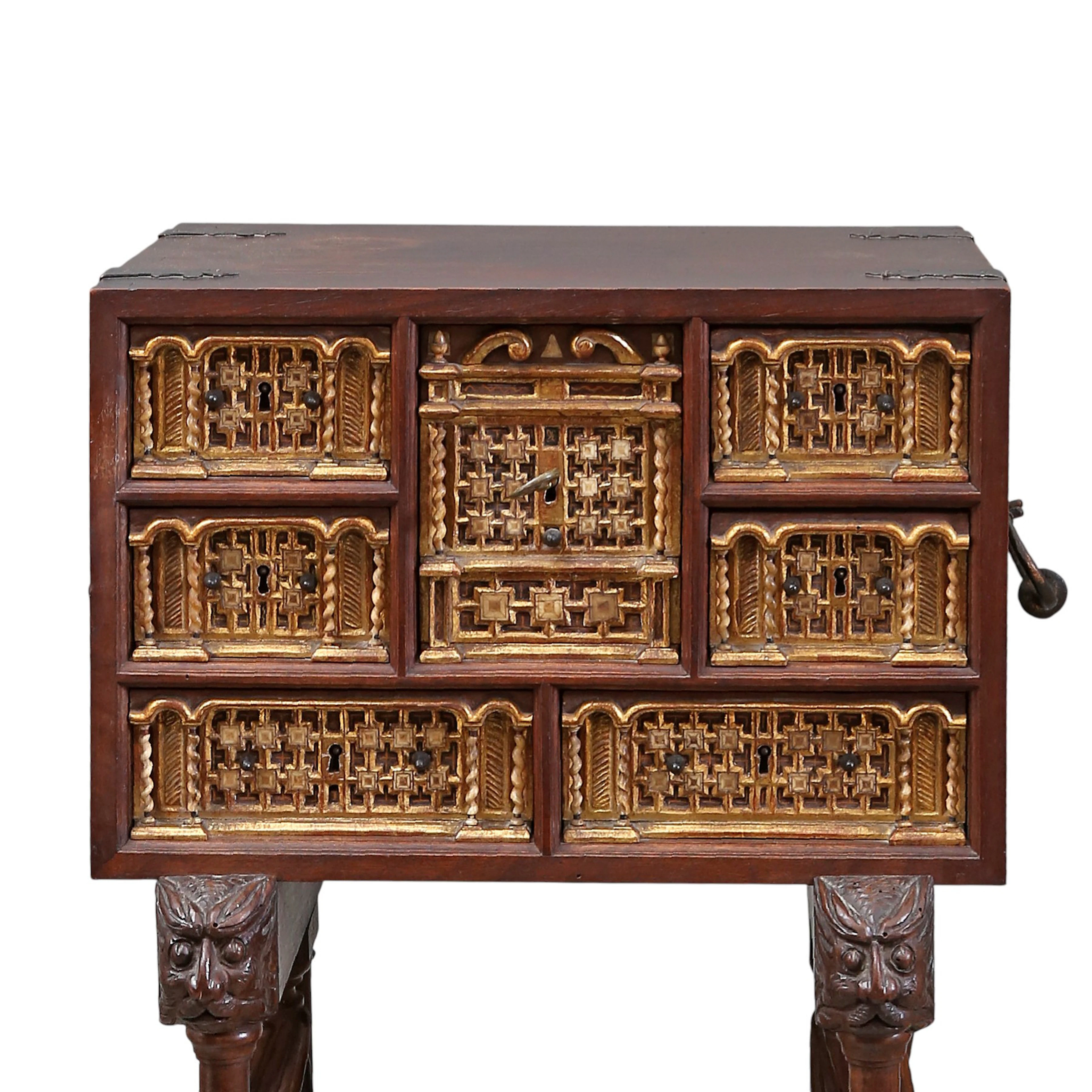 Walnut Salamanca bargueño with carved and gilded bone-front panels