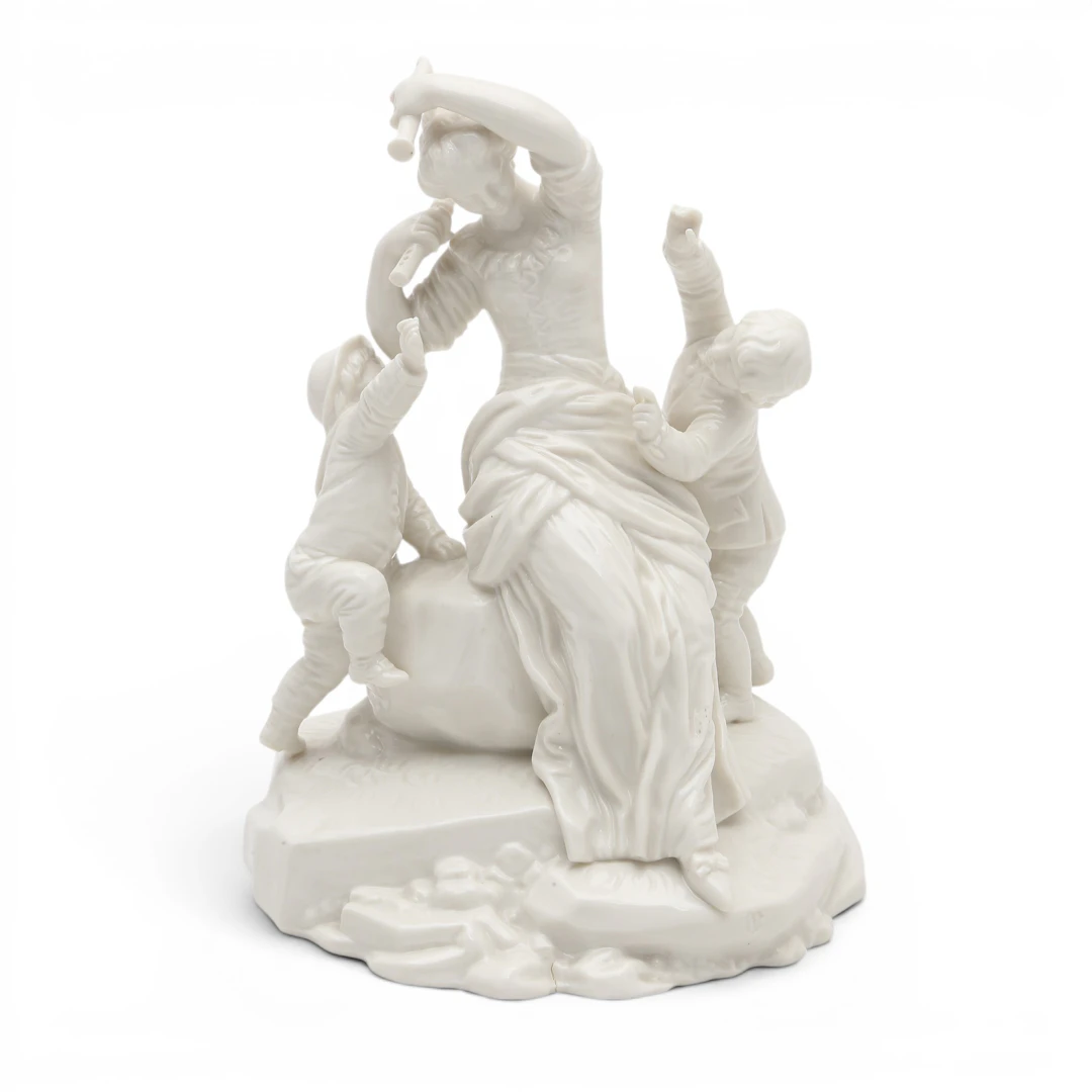 "Young flautist with children", Nymphenburg glazed porcelain figure, 1968.