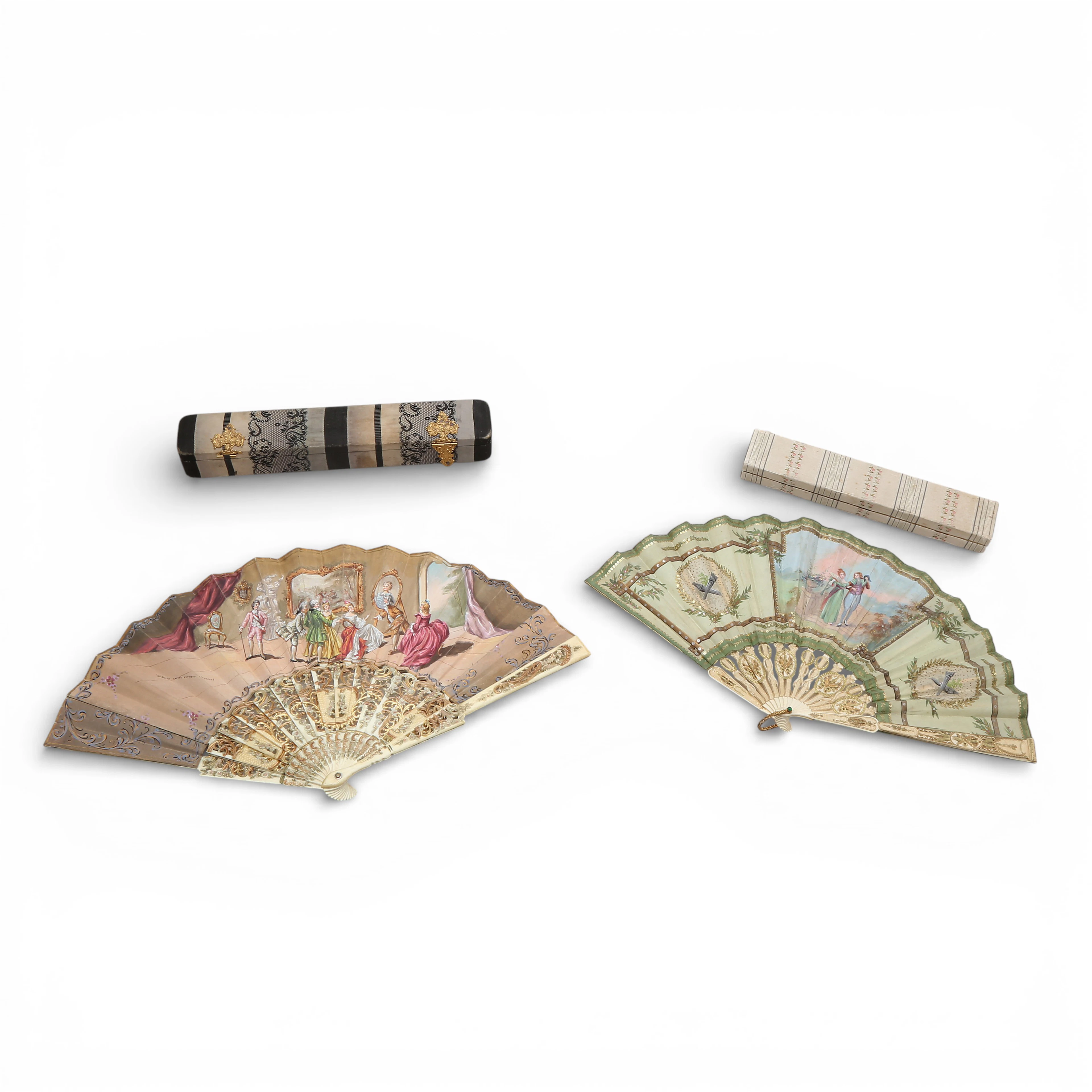 Two fans with bone sticks, and lithographed and illuminated paper