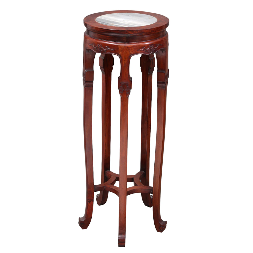 Chinese carved wood pedestal with marble top, 20th Century.