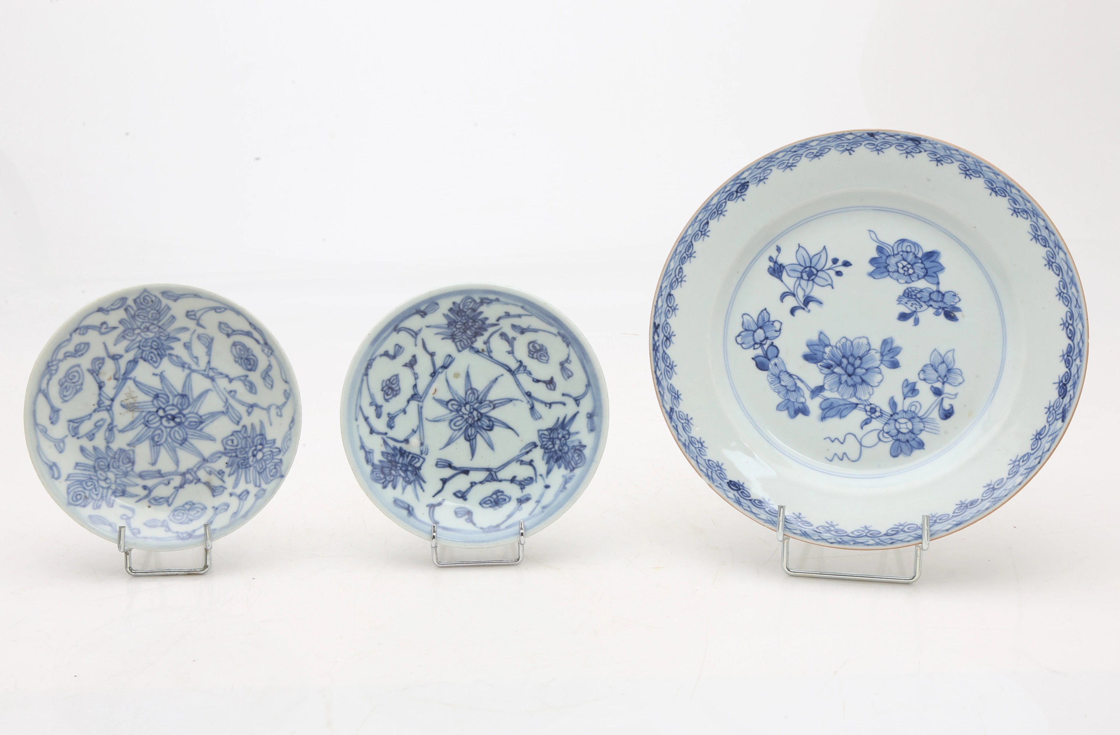 Pair of Chinese Qing blue and white porcelain small dishes and a plate