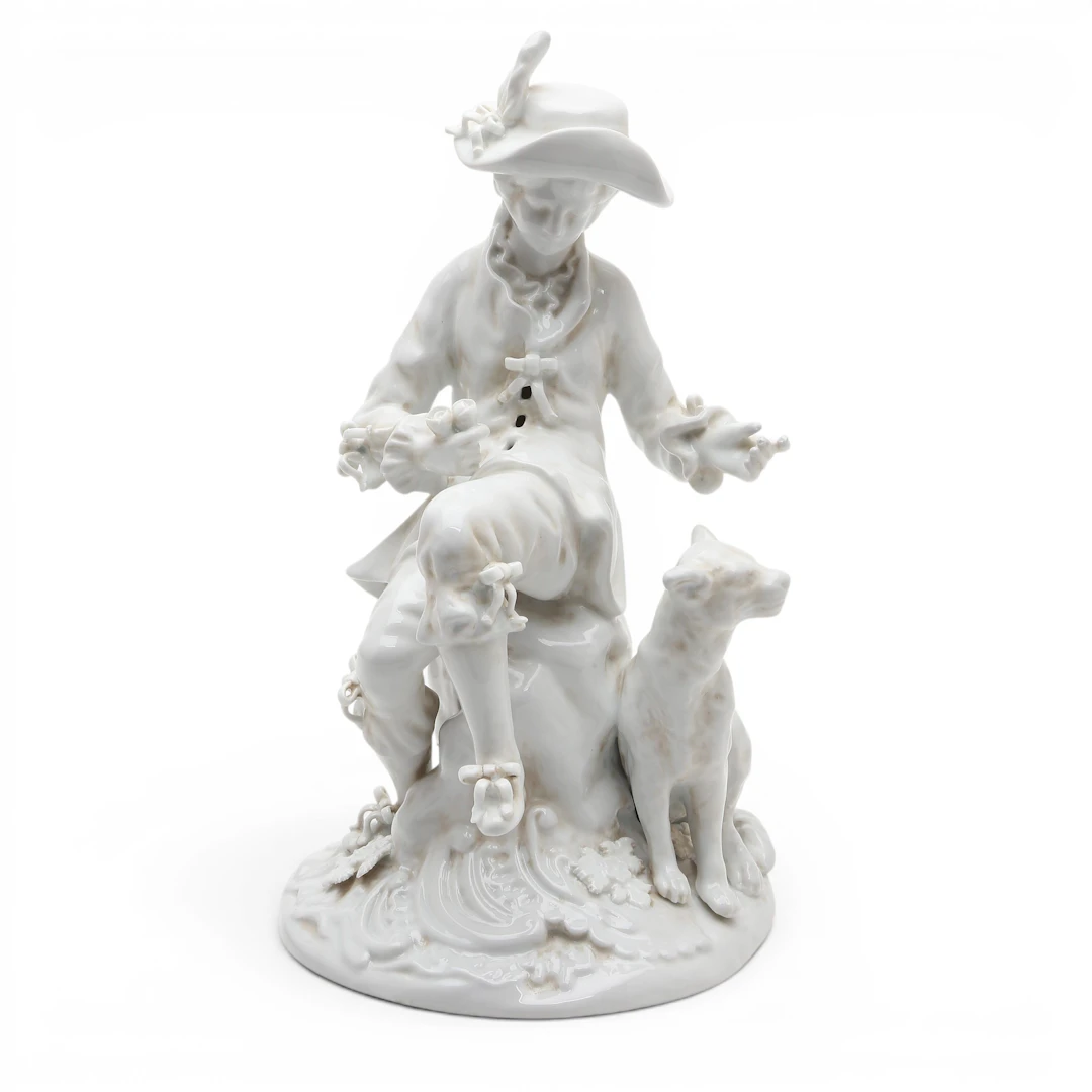 "18th Century-like man with a dog", Meissen glazed porcelain figure