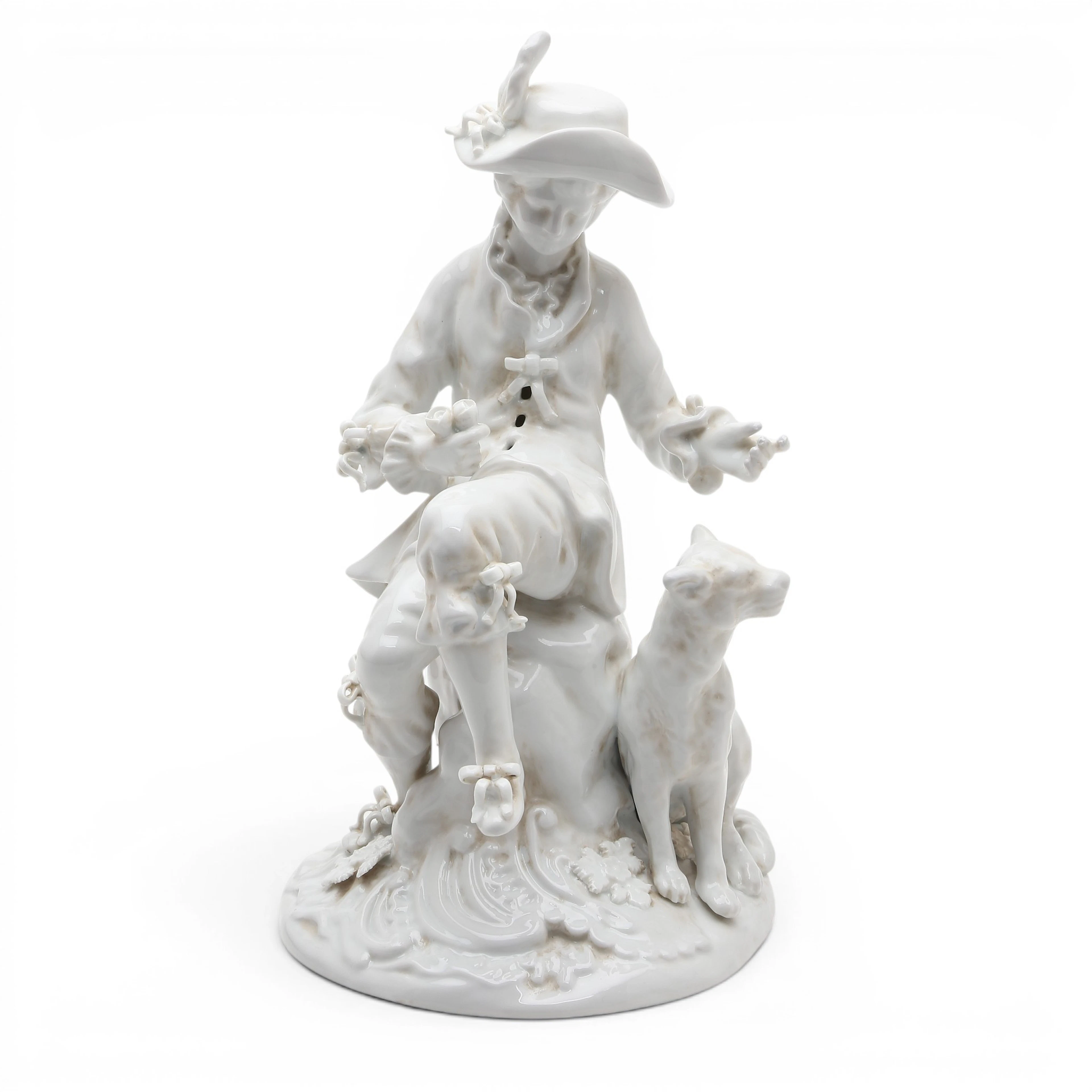 "18th Century-like man with a dog", Meissen glazed porcelain figure