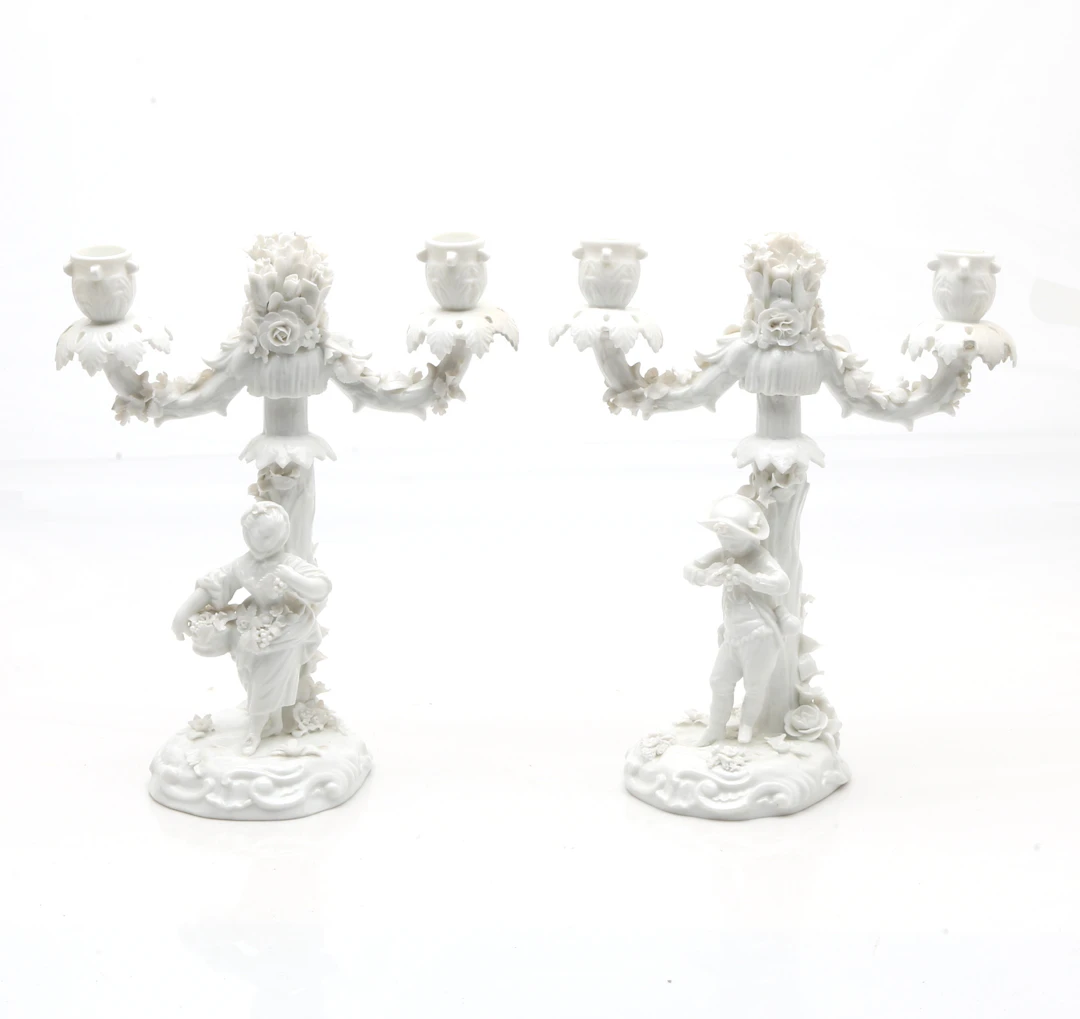 Pair of 18th Century-like glazed porcelain candelabra from Saxony