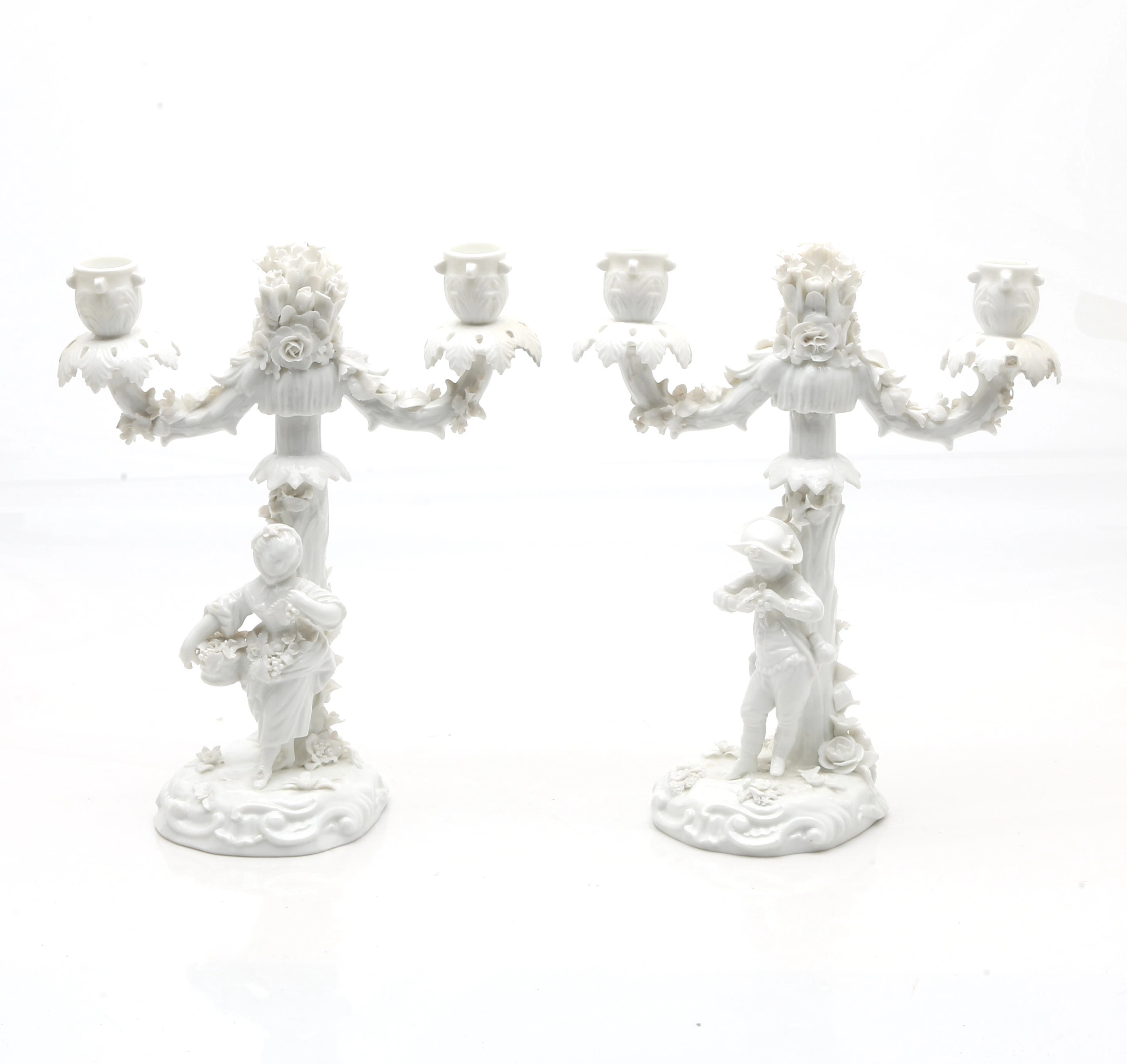 Pair of 18th Century-like glazed porcelain candelabra from Saxony