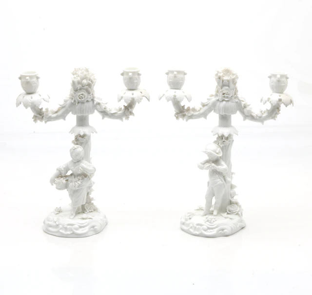 Pair of 18th Century-like glazed porcelain candelabra from Saxony