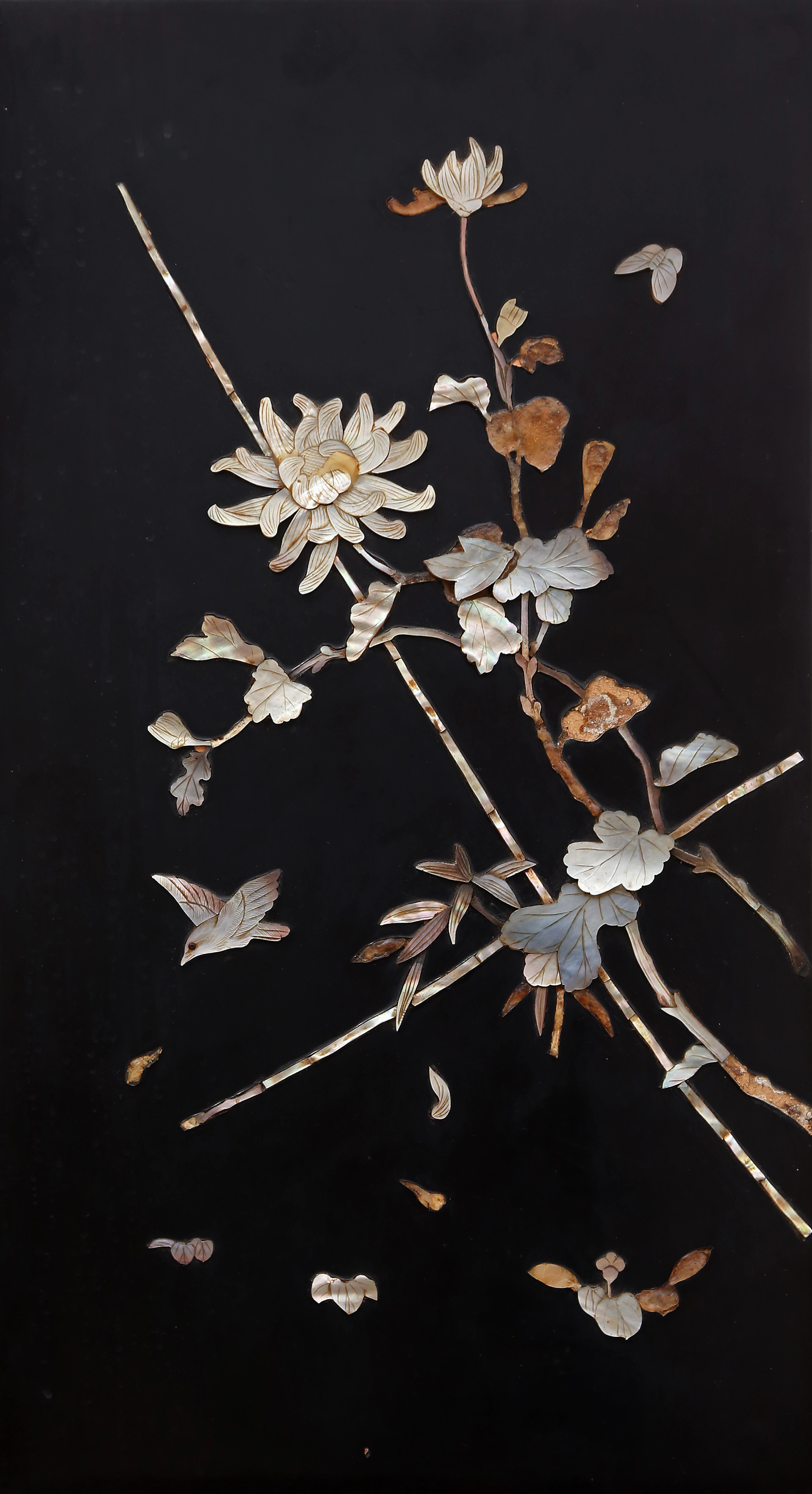"Flowering branches and a bird", Japanese lacquered wood panel with