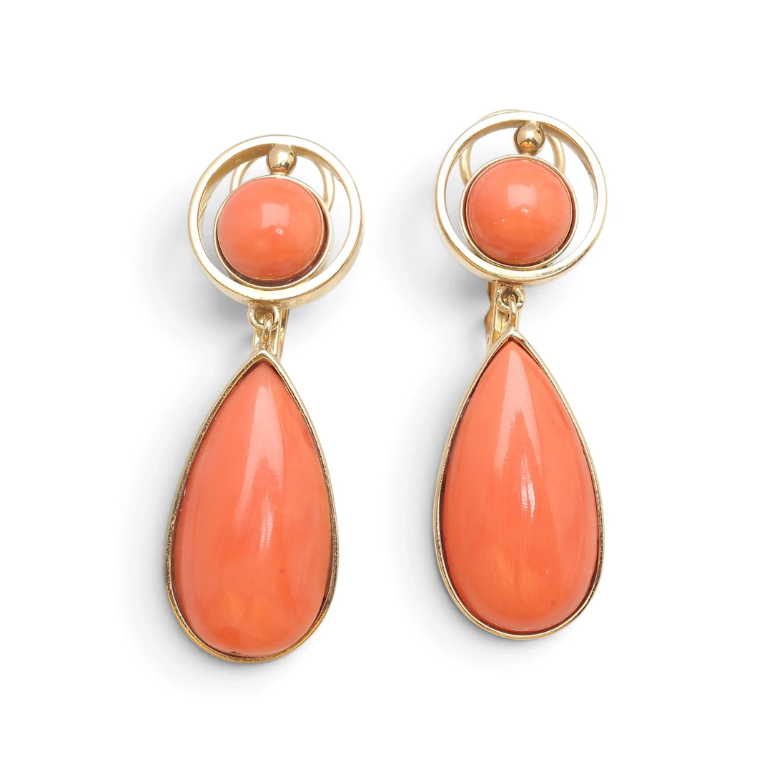 Gold and coral long earrings.