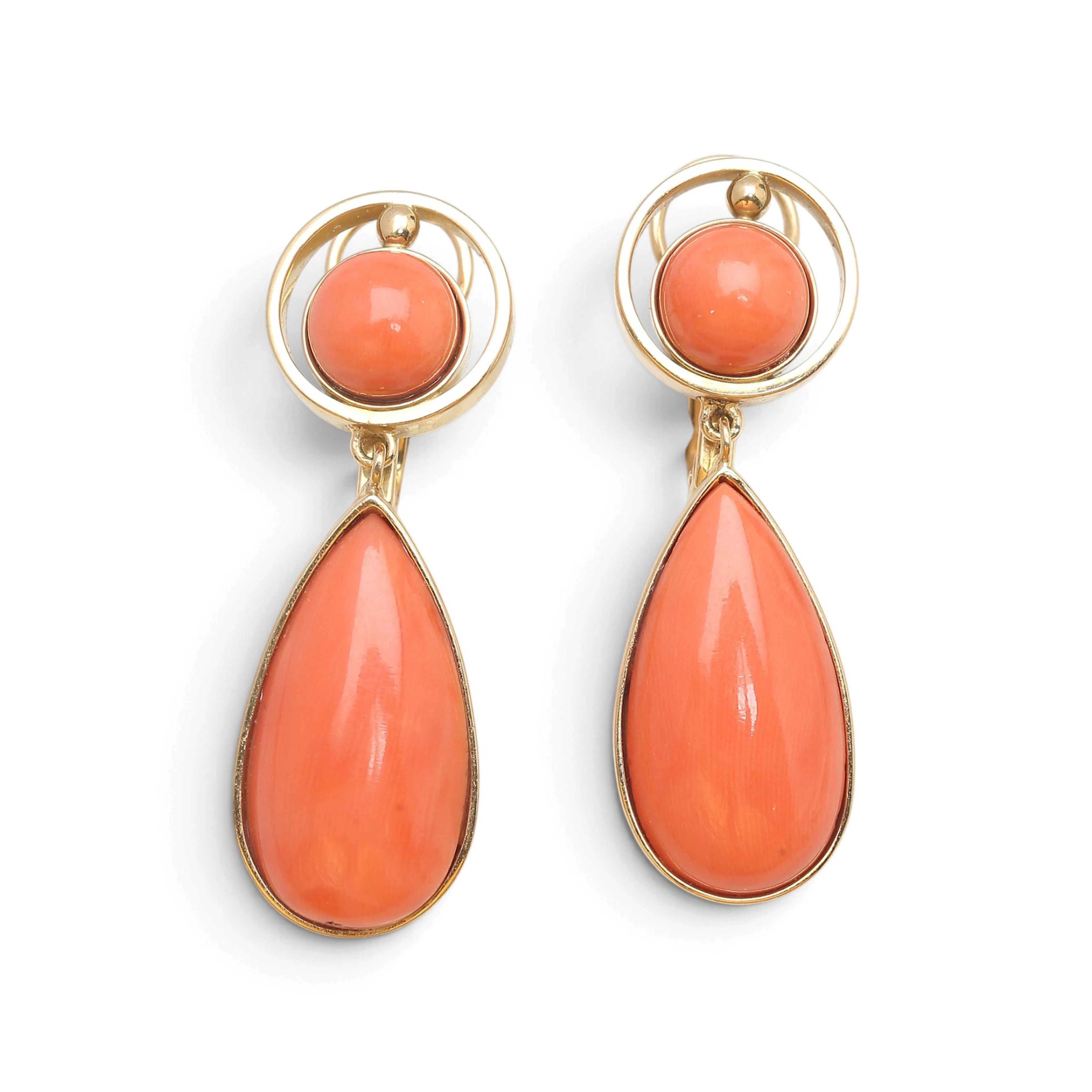Gold and coral long earrings.