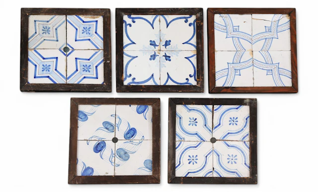 Five panels with four tiles each, 19th Century.