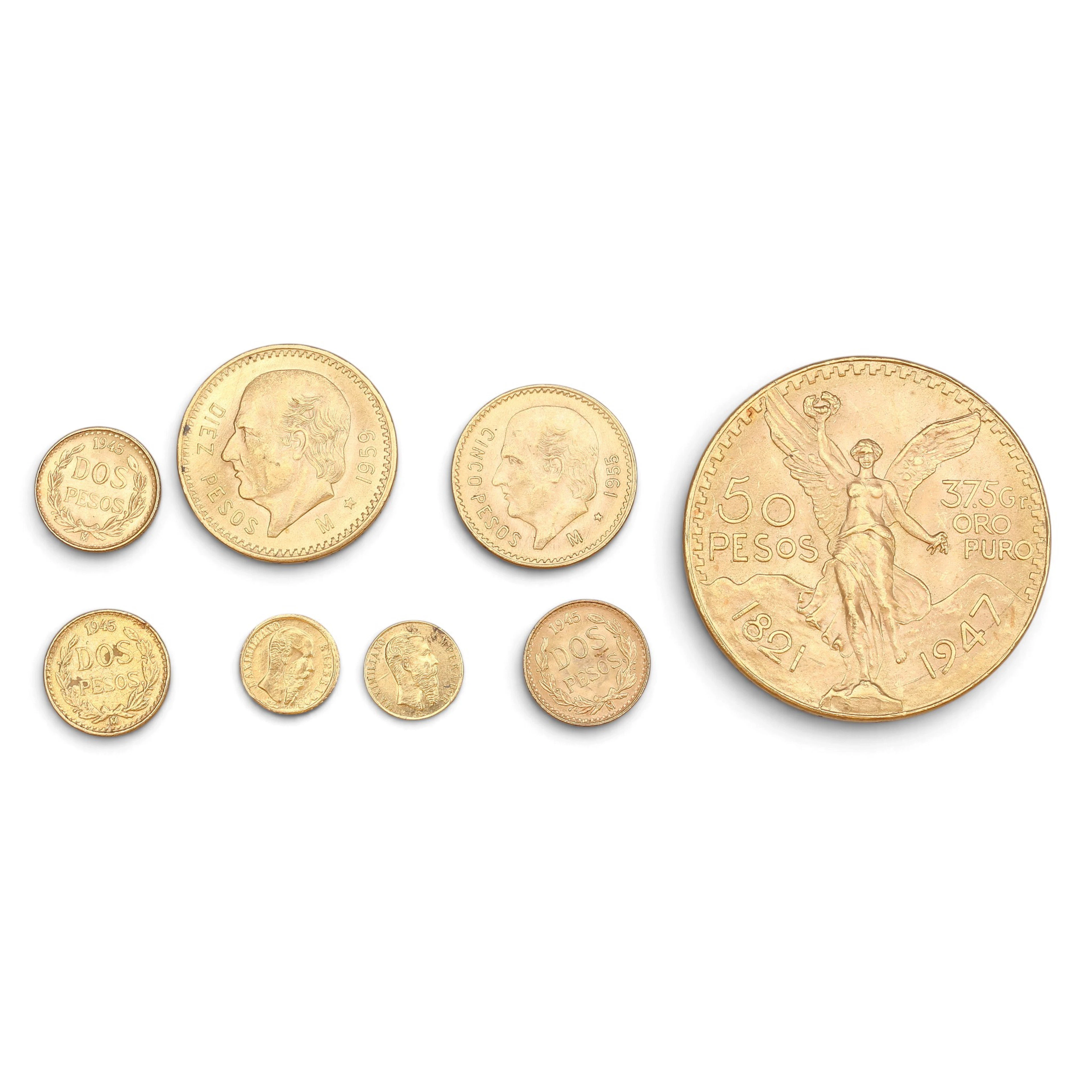 EIGHT Mexican gold coins.