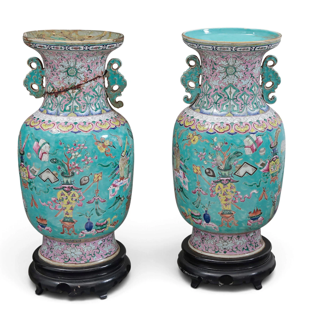 Pair of Chinese Qing famille rose porcelain vases with the “Hundred