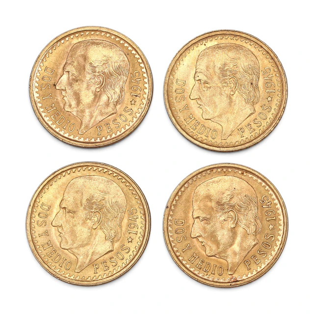 Cuatro monedas mexicanas en oro.