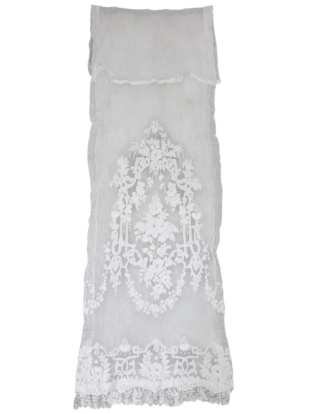 Modernist tulle curtain with embroidered applications and lace border