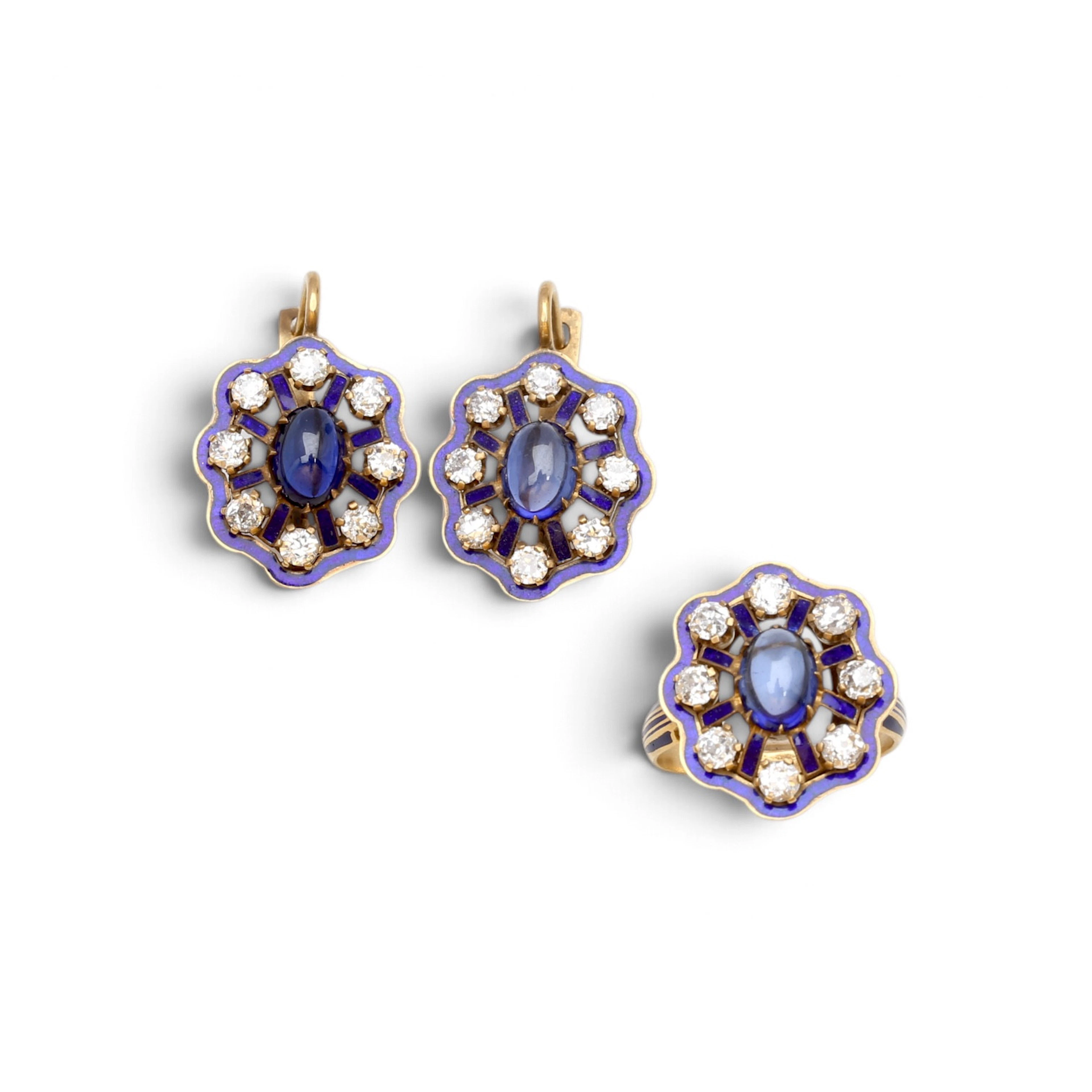FLORAL earring and ring parure, probably Russian, mid-20th century.