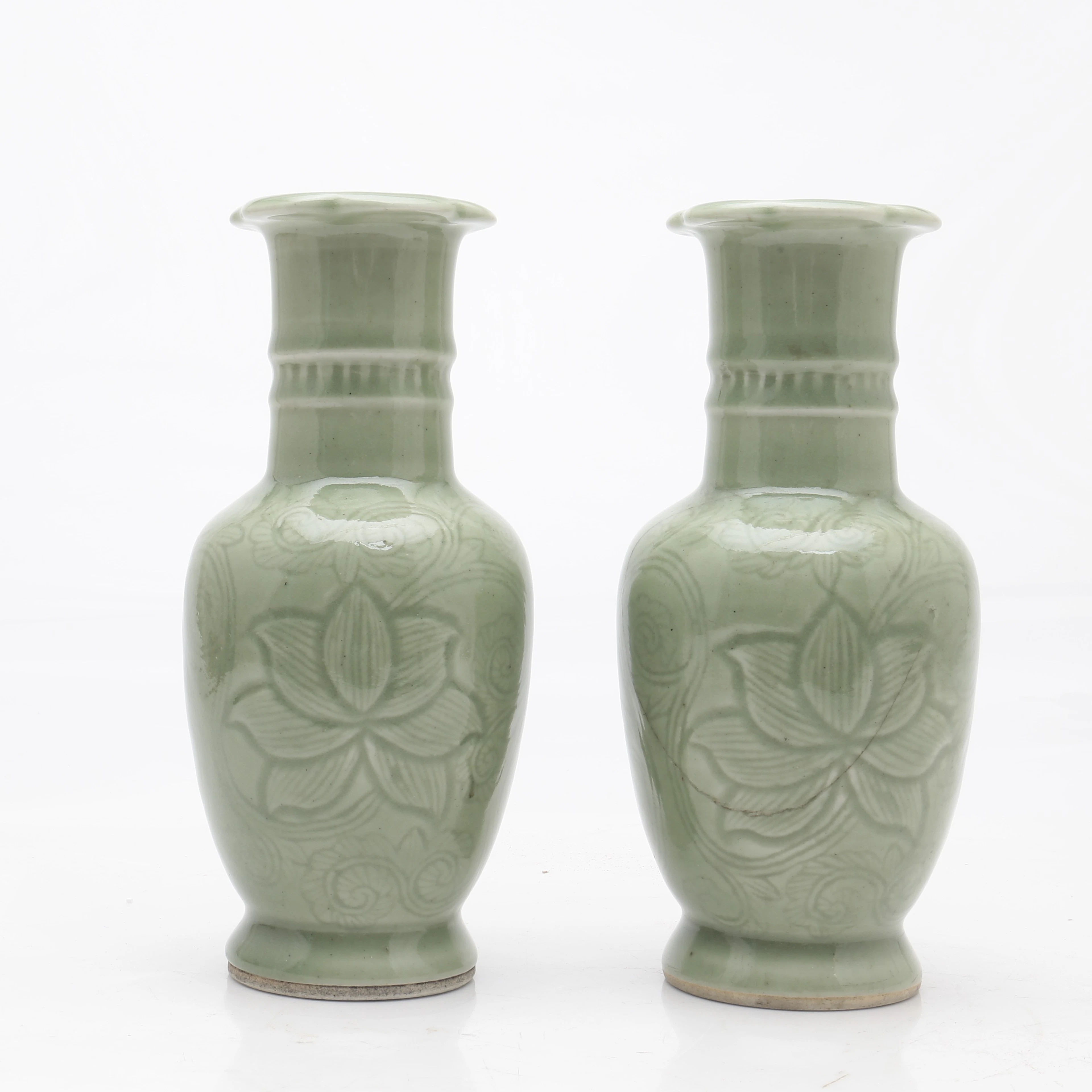 Pair of Chinese Longquan-style celadon porcelain vases, 20th century.